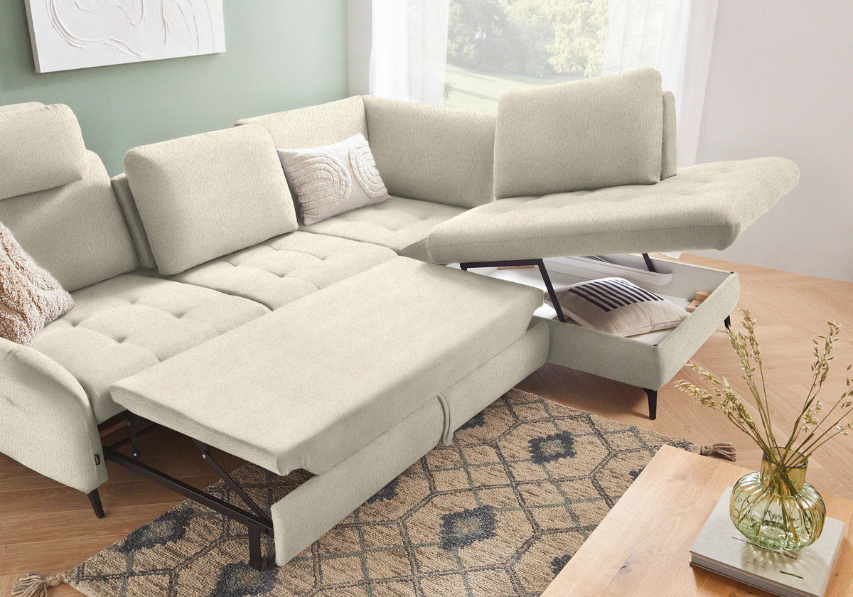 ECKSOFA in Struktur Creme  - Creme/Schwarz, Natur, Textil/Metall (288/233cm) - Valnatura