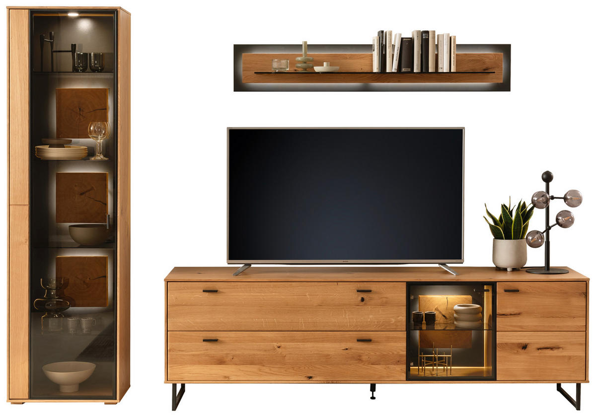 WOHNWAND  in Wildeiche  286/206/50 cm  - Wildeiche/Schwarz, Design, Glas/Holz (286/206/50cm) - MID.YOU