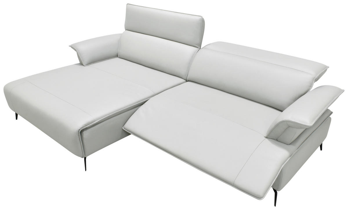 ECKSOFA Hellgrau, Schwarz Echtleder Rückenkissen, Rücken echt, Kopfteilverstellung, Sitztiefenverstellung, Fußteilverstellung, Armlehnenkissen  - Hellgrau/Schwarz, Design, Leder/Metall (280/75-100/112-176cm) - Celina Home