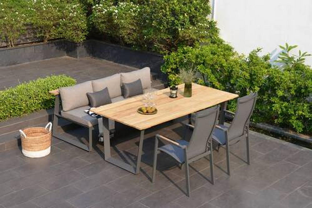 GARTENBANK 201/85/89 cm  in Anthrazit, Dunkelgrau, Beige, Teakfarben  - Dunkelgrau/Anthrazit, Design, Holz/Textil (201/85/89cm) - Amatio