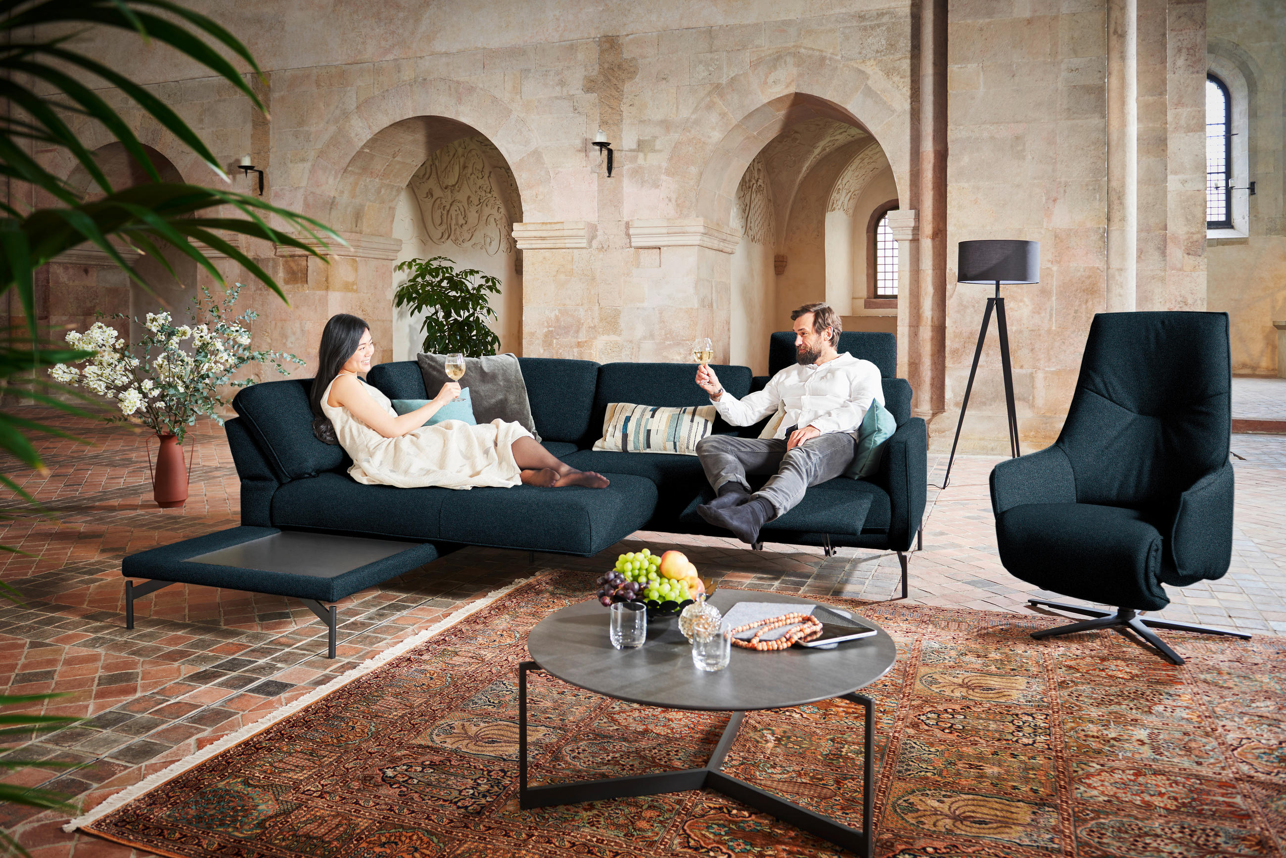ECKSOFA in Flachgewebe, Struktur Dunkelblau  230/254 cm  - Anthrazit/Dunkelblau, Design, Textil/Metall (230/254cm) - Johann Jakob