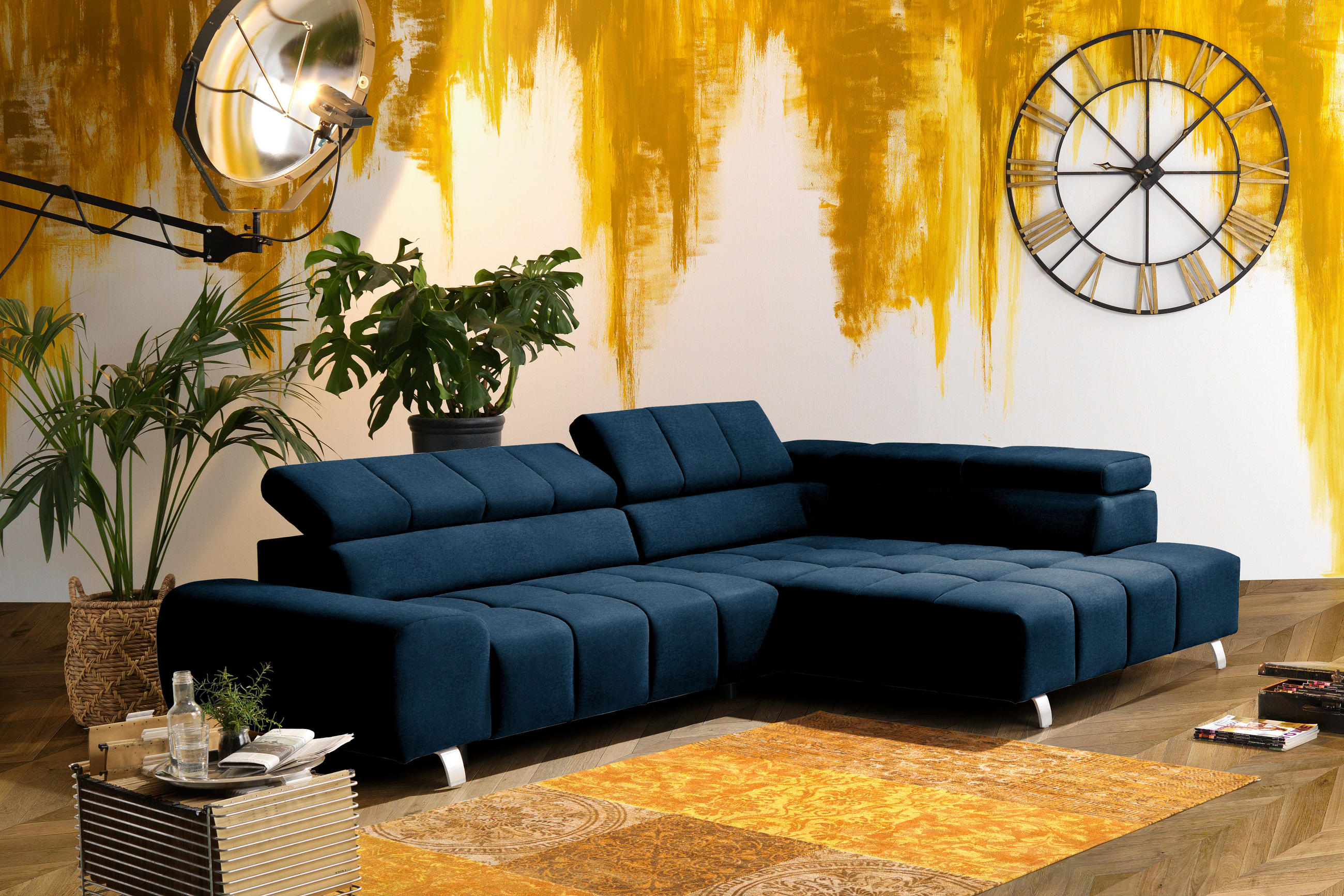 ECKSOFA Blau Webstoff  - Blau/Dunkelgrau, Design, Textil/Metall (295/201cm) - Hom`in