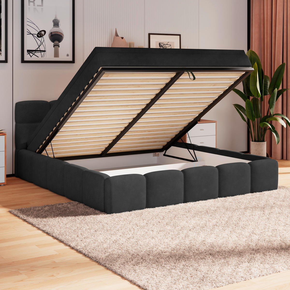 POLSTERBETT 160/200 cm,  in Schwarz, Matratze, Bettkasten, H3 = fest  - Schwarz, Trend, Kunststoff/Textil (160/200cm)