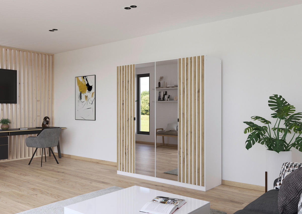 DREHTÜRENSCHRANK 181/197/54 cm,  in Weiß, Eiche Artisan, 4-türig  - Weiß/Eiche Artisan, MODERN, Holzwerkstoff/Metall (181/197/54cm) - Rauch Möbel