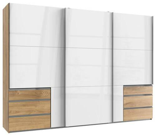 SCHWEBETÜRENSCHRANK 300/216/65 cm 3-türig Eichefarben, Weiß Hochglanz  - Chromfarben/Weiß Hochglanz, MODERN, Holzwerkstoff/Metall (300/216/65cm) - MID.YOU