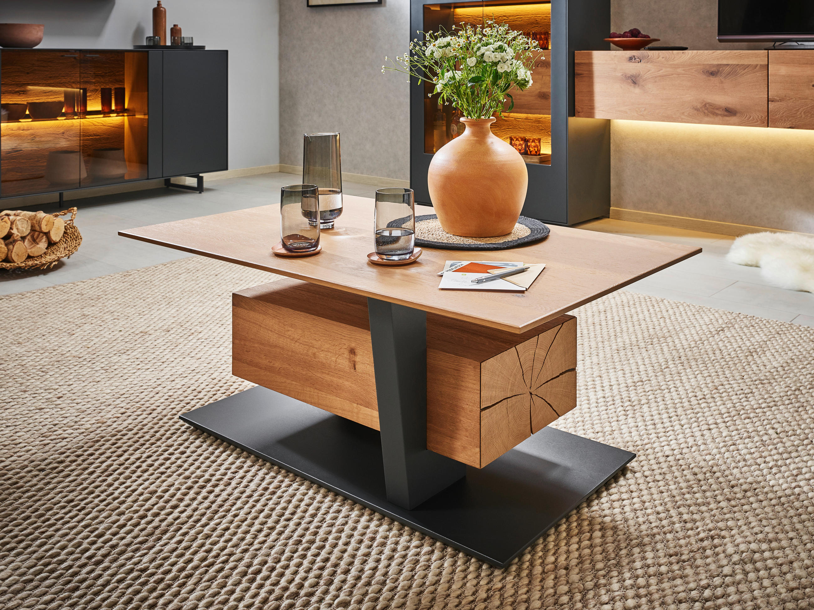 COUCHTISCH Kerneiche massiv 110/70/45 cm rechteckig Eichefarben  - Eichefarben/Anthrazit, Natur, Holz (110/70/45cm) - Valnatura
