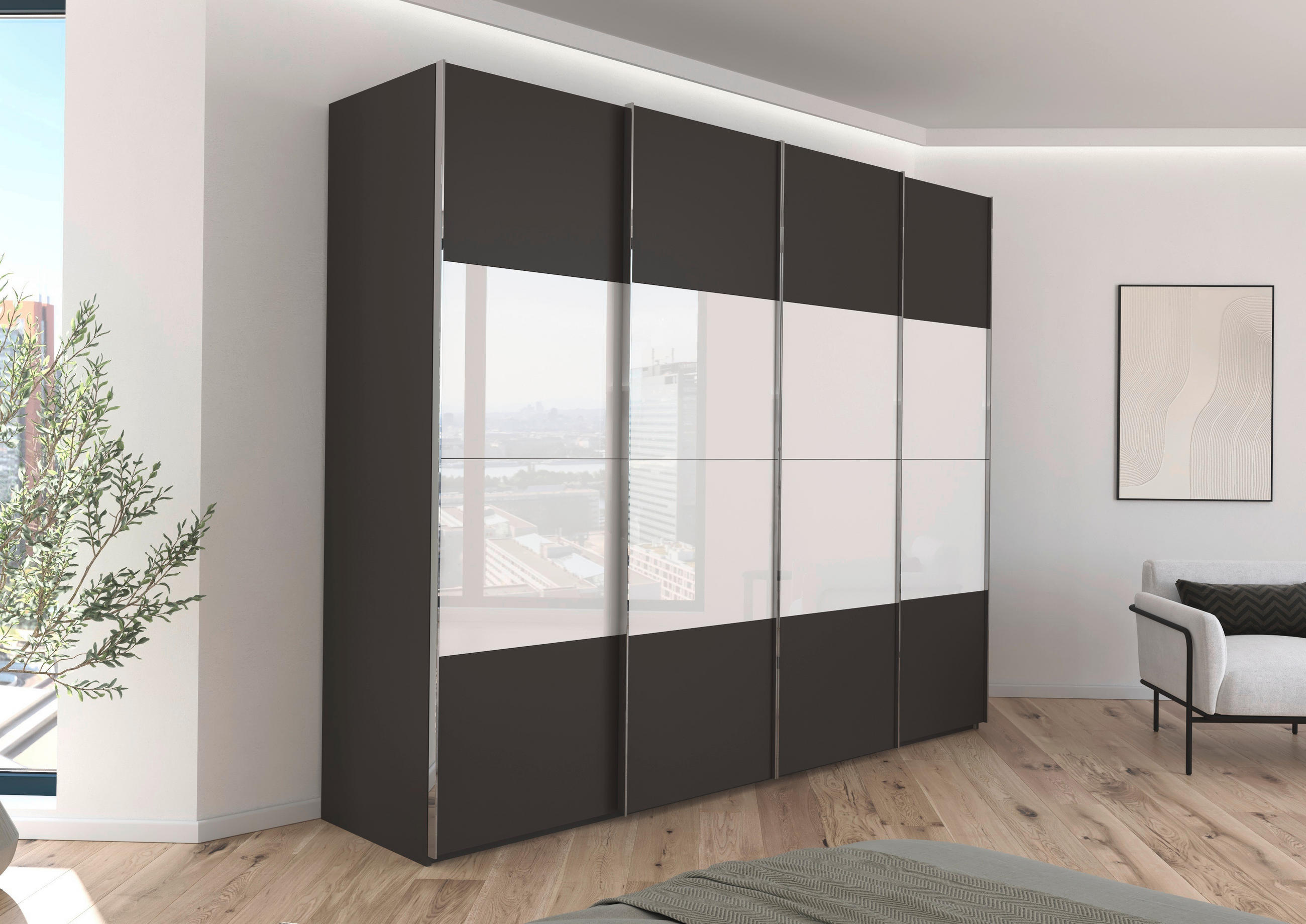 SCHWEBETÜRENSCHRANK 271/235/68 cm 4-türig Graphitfarben, Weiß  - Chromfarben/Graphitfarben, KONVENTIONELL, Glas/Holzwerkstoff (271/235/68cm) - Novel