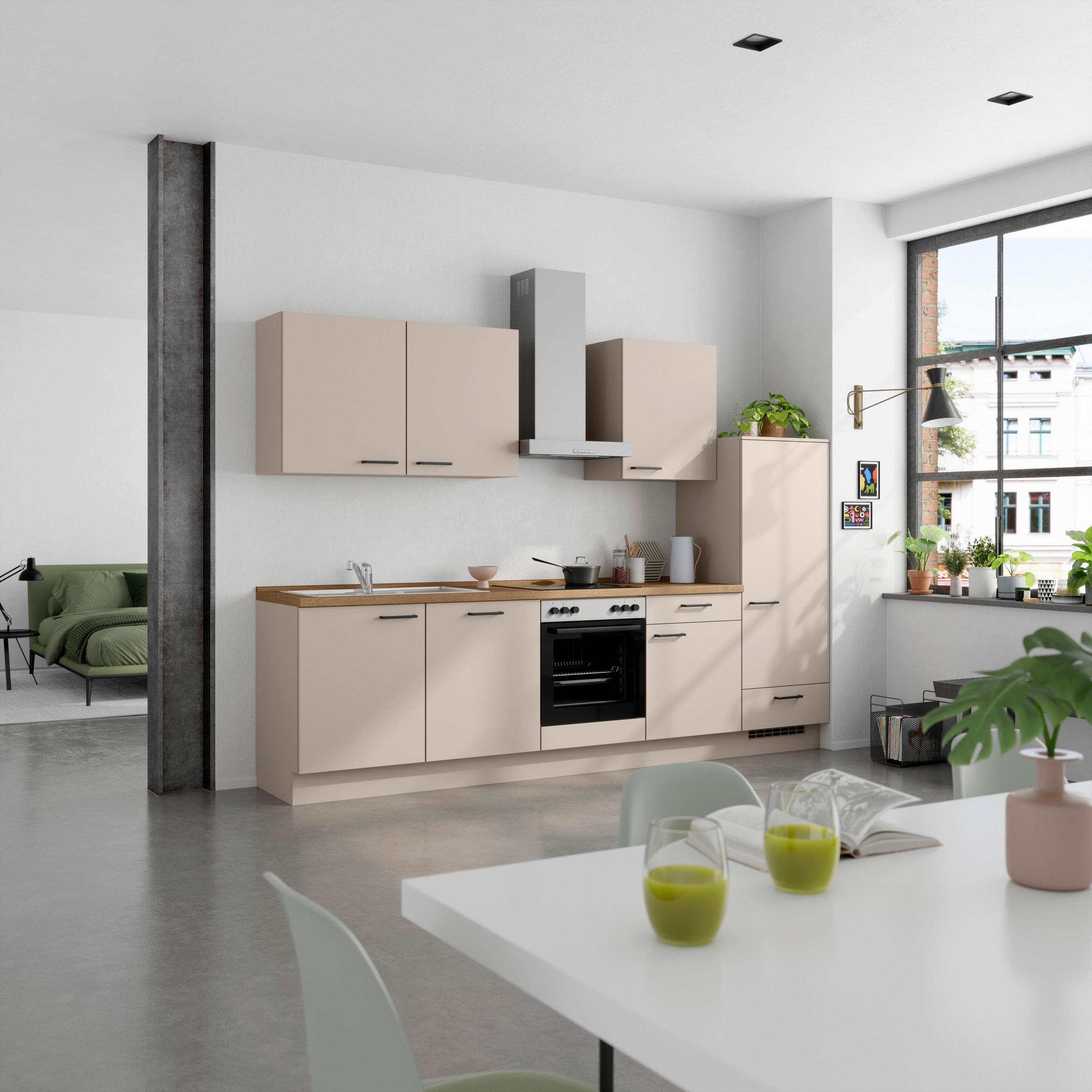 KÜCHENBLOCK Easytouch 300 cm  in Eichefarben, Sandfarben  - Sandfarben/Eichefarben, MODERN, Holzwerkstoff/Metall (300cm) - Nobilia