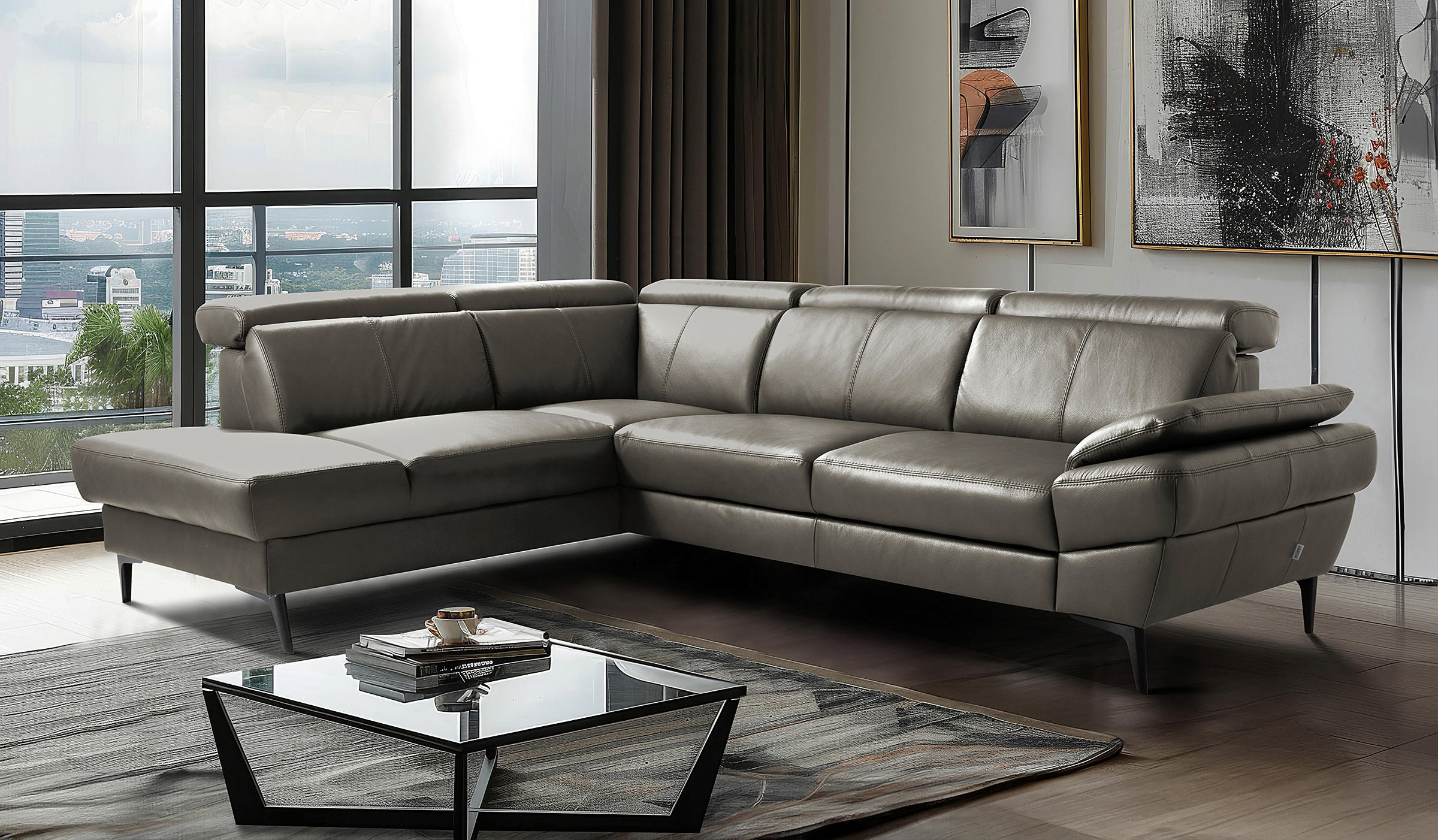 ECKSOFA  in Lederlook Echtleder Schlammfarben  - Schlammfarben/Schwarz, Design, Leder/Textil (211/264cm) - Livetastic