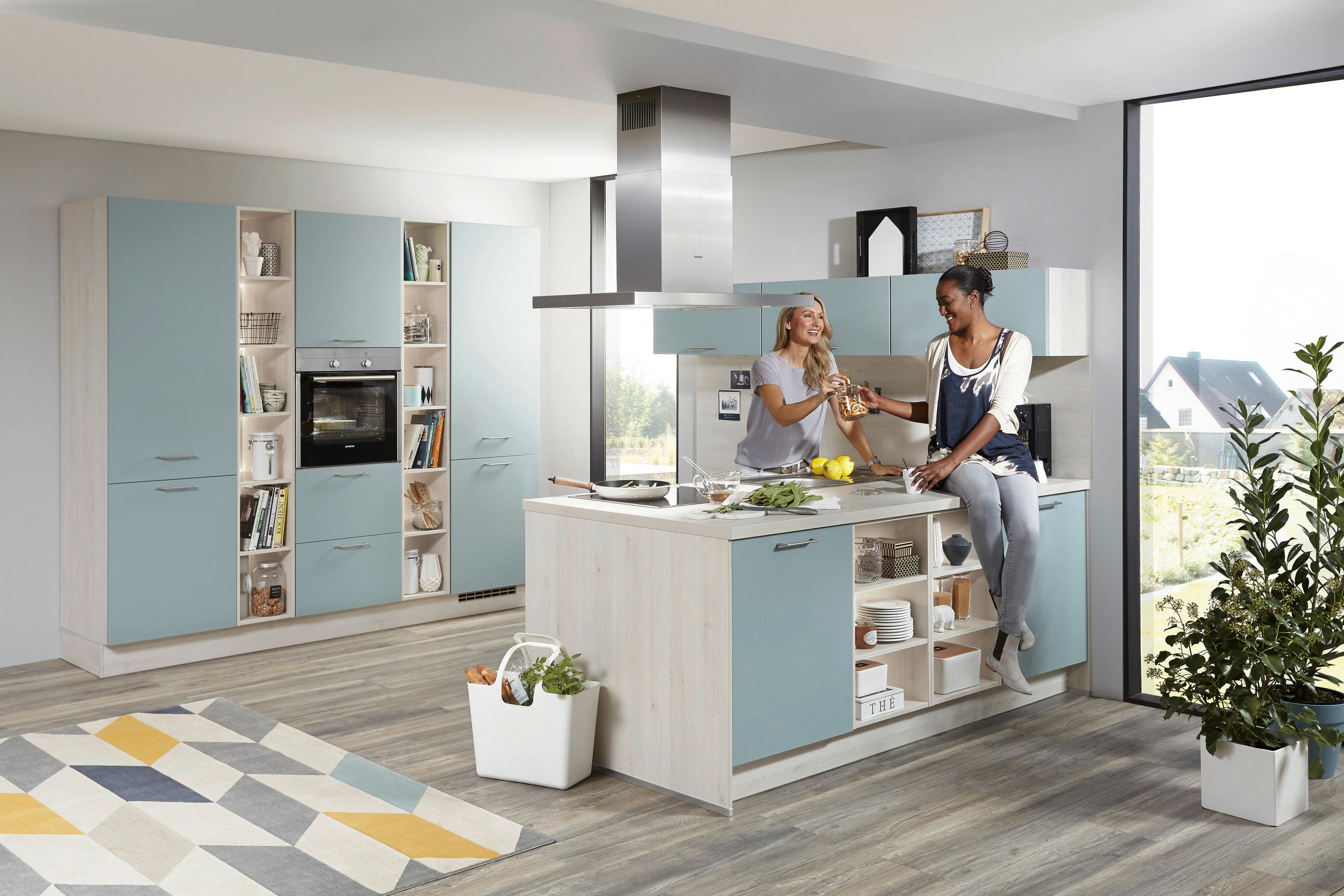 EINBAUKÜCHE   - Weiß/Hellblau, Design, Holzwerkstoff - Celina