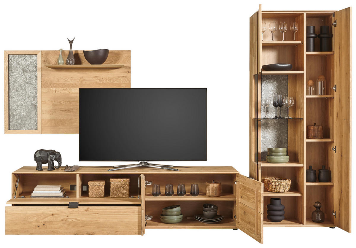 WOHNWAND  in Wildeiche 322,4/205,5/45,2 cm  - Wildeiche/Schwarz, Natur, Glas/Holz (322,4/205,5/45,2cm) - Valnatura