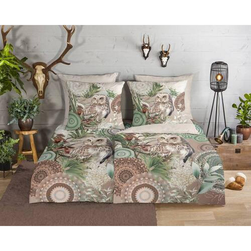 Thumbnail - Wendebettwäsche Kirja, Braun, Grün, Beige, Textil, Eule, 135x200 cm, atmungsaktiv, angenehm wärmend, Schlaftextilien, Be...