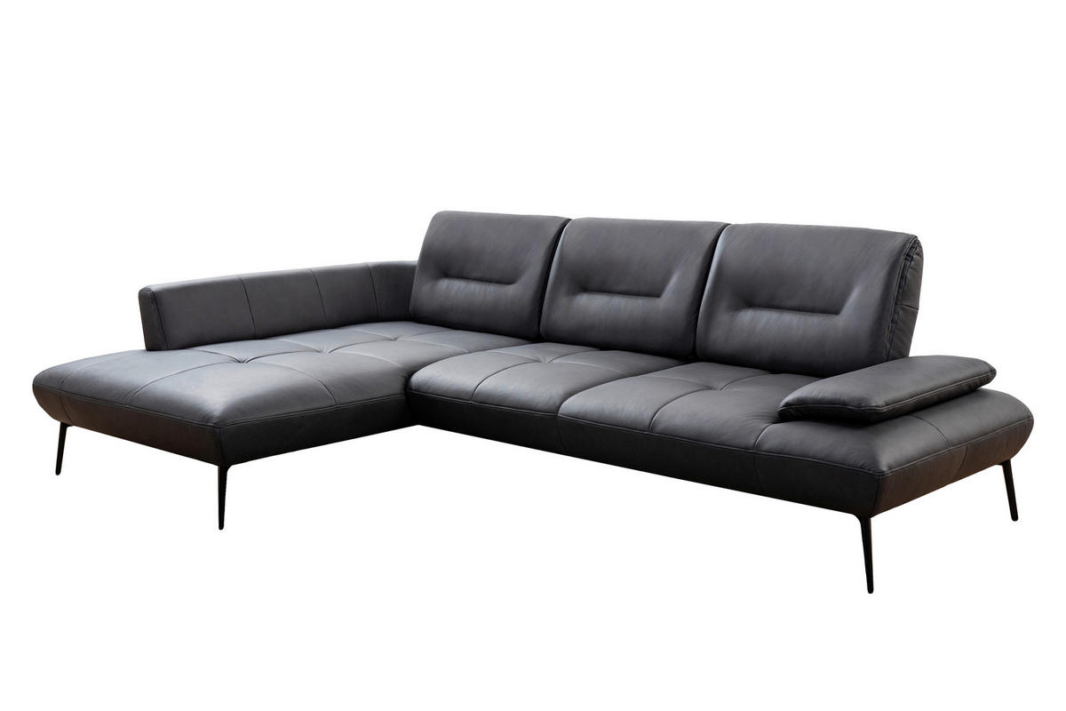 ECKSOFA Anthrazit Echtleder Rücken echt, Sitztiefenverstellung  - Anthrazit/Schwarz, Design, Leder/Metall (190/320cm) - Moderano