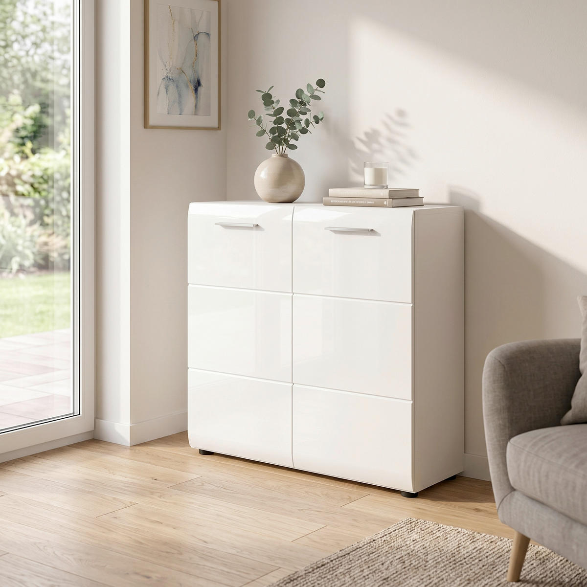 KOMMODE , 80/81/34 cm,  - Weiß Hochglanz/Silberfarben, Design, Holzwerkstoff/Kunststoff (80/81/34cm) - Livetastic