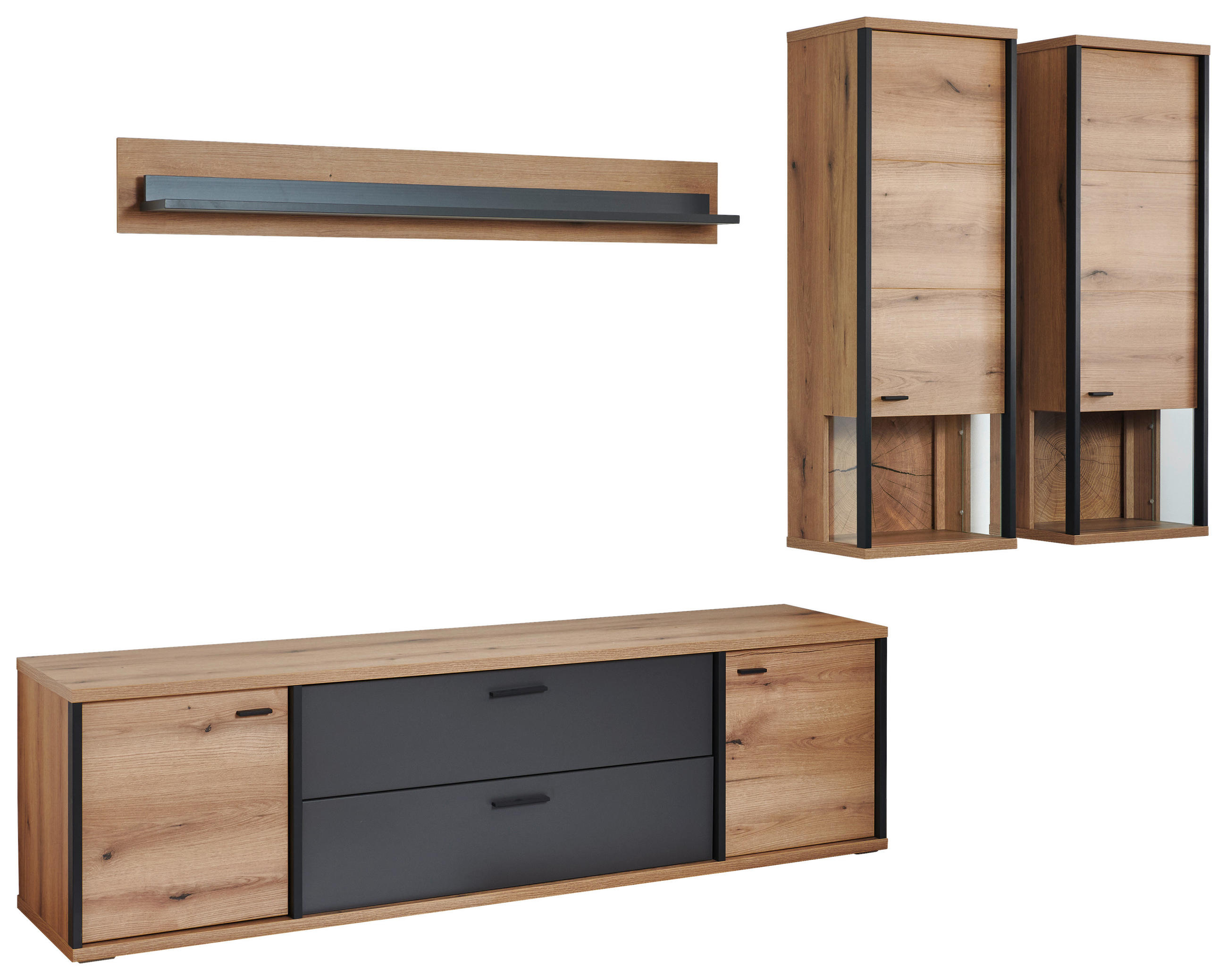 WOHNWAND  Schwarz, Eichefarben, Dunkelgrau 315/209/50 cm  - Eichefarben/Dunkelgrau, Konventionell, Glas/Holzwerkstoff (315/209/50cm) - Xora