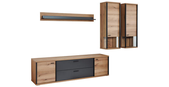 WOHNWAND  in Schwarz, Eichefarben, Dunkelgrau  315/209/50 cm  - Eichefarben/Dunkelgrau, KONVENTIONELL, Glas/Holzwerkstoff (315/209/50cm) - Xora