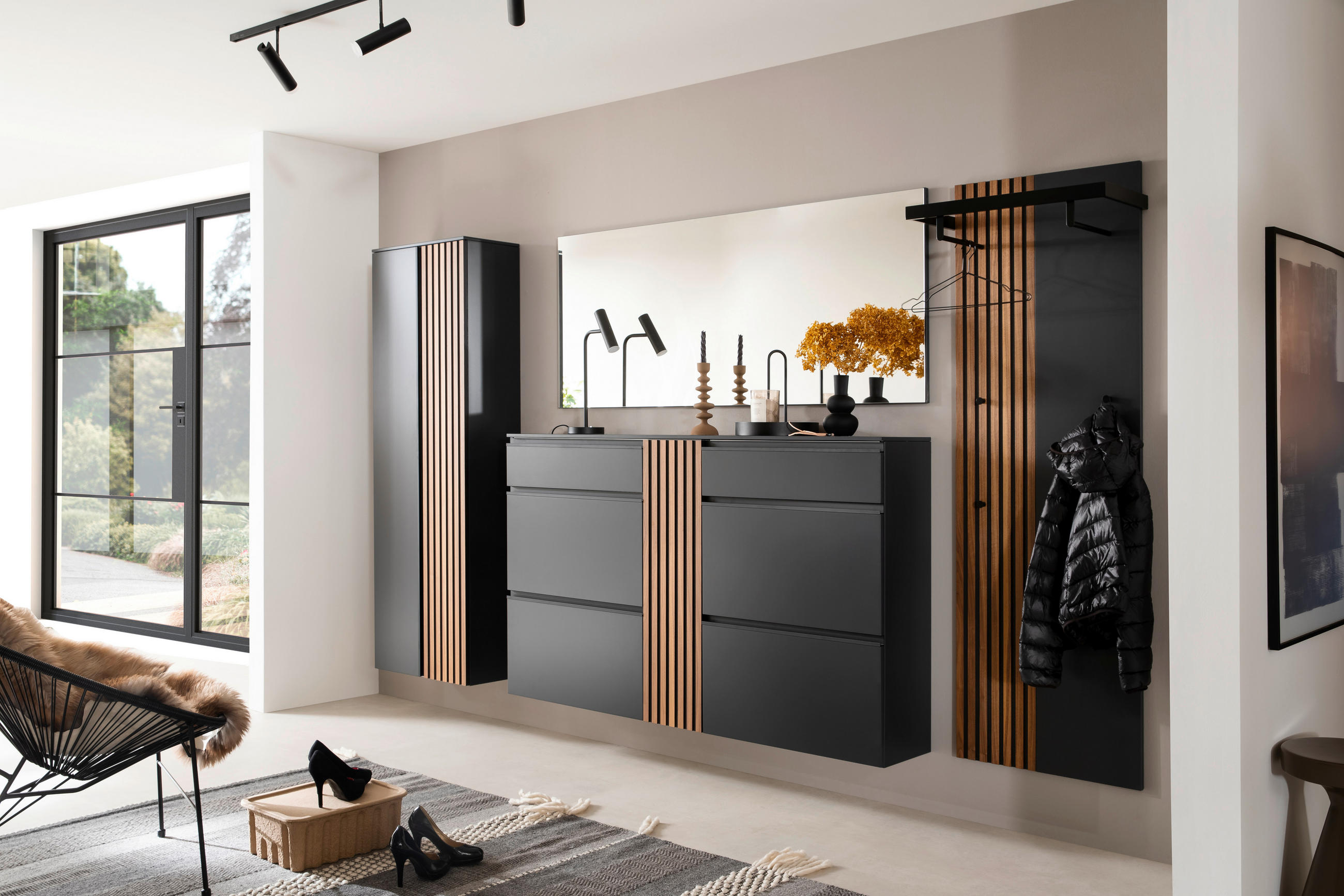 Thumbnail - Moderano Garderobenschrank, Anthrazit, Nussbaum, Metall, Kernnussbaum, furniert, 1 Fächer, 60x180x30 cm, Handmade in Ger...