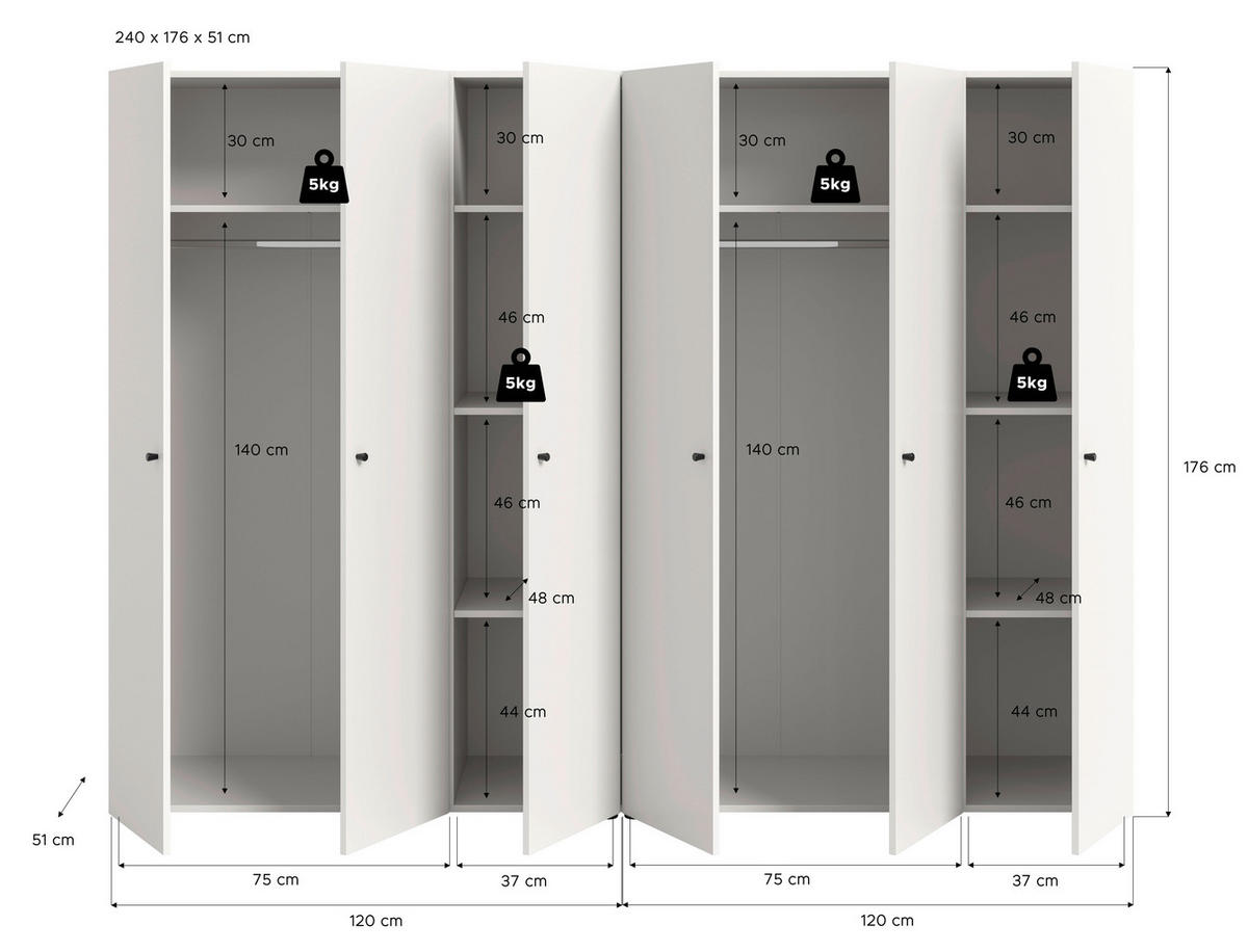 DREHTÜRENSCHRANK 240/176/51 cm,  in Weiß, 6-türig  - Weiß, MODERN, Holzwerkstoff/Kunststoff (240/176/51cm) - MID.YOU