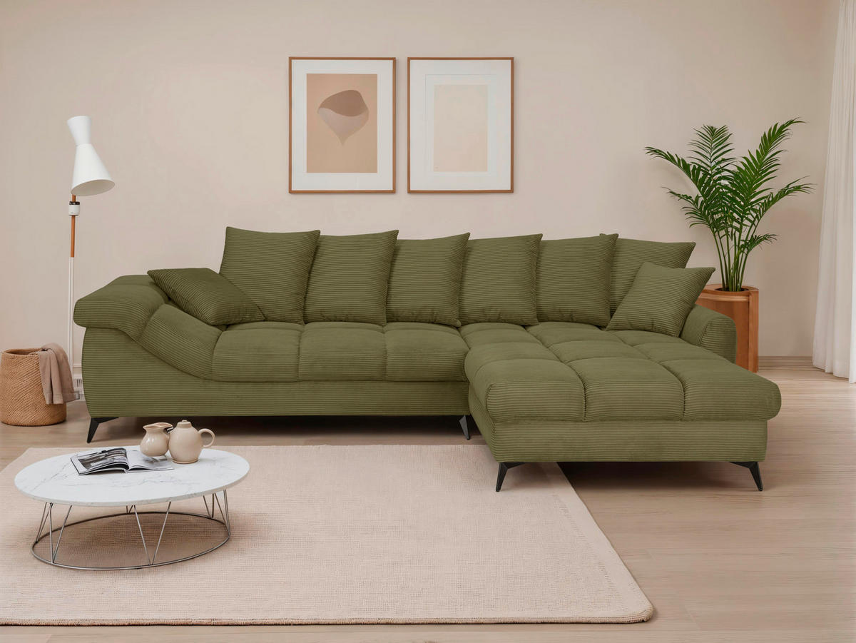 ECKSOFA Grün Cord Rückenkissen, Armlehnenkissen, Rücken echt  - Schwarz/Grün, KONVENTIONELL, Textil/Metall (332/231cm) - Carryhome