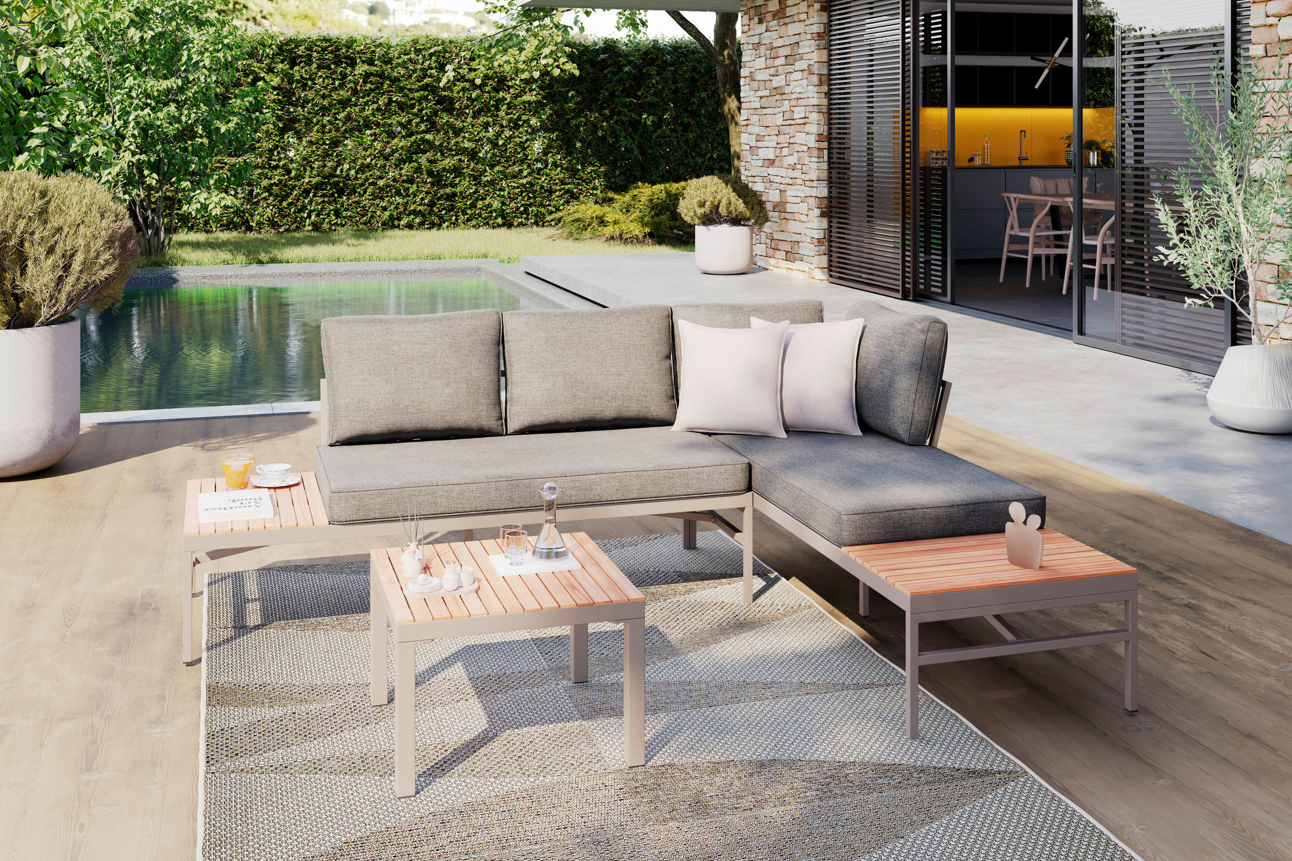 LOUNGEGARNITUR   57/35/57 cm Akazie vollmassiv Aluminium  - Beige/Beigebraun, MODERN, Holz/Textil (57/35/57cm) - Ambia Garden