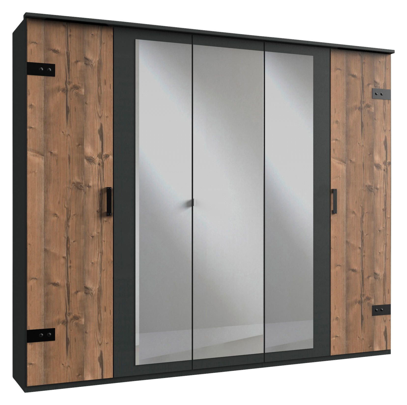 DREHTÜRENSCHRANK 225/210/58 cm,  in Graphitfarben, Fichtefarben, 5-türig  - Fichtefarben/Eichefarben, Trend, Glas/Holzwerkstoff (225/210/58cm) - MID.YOU