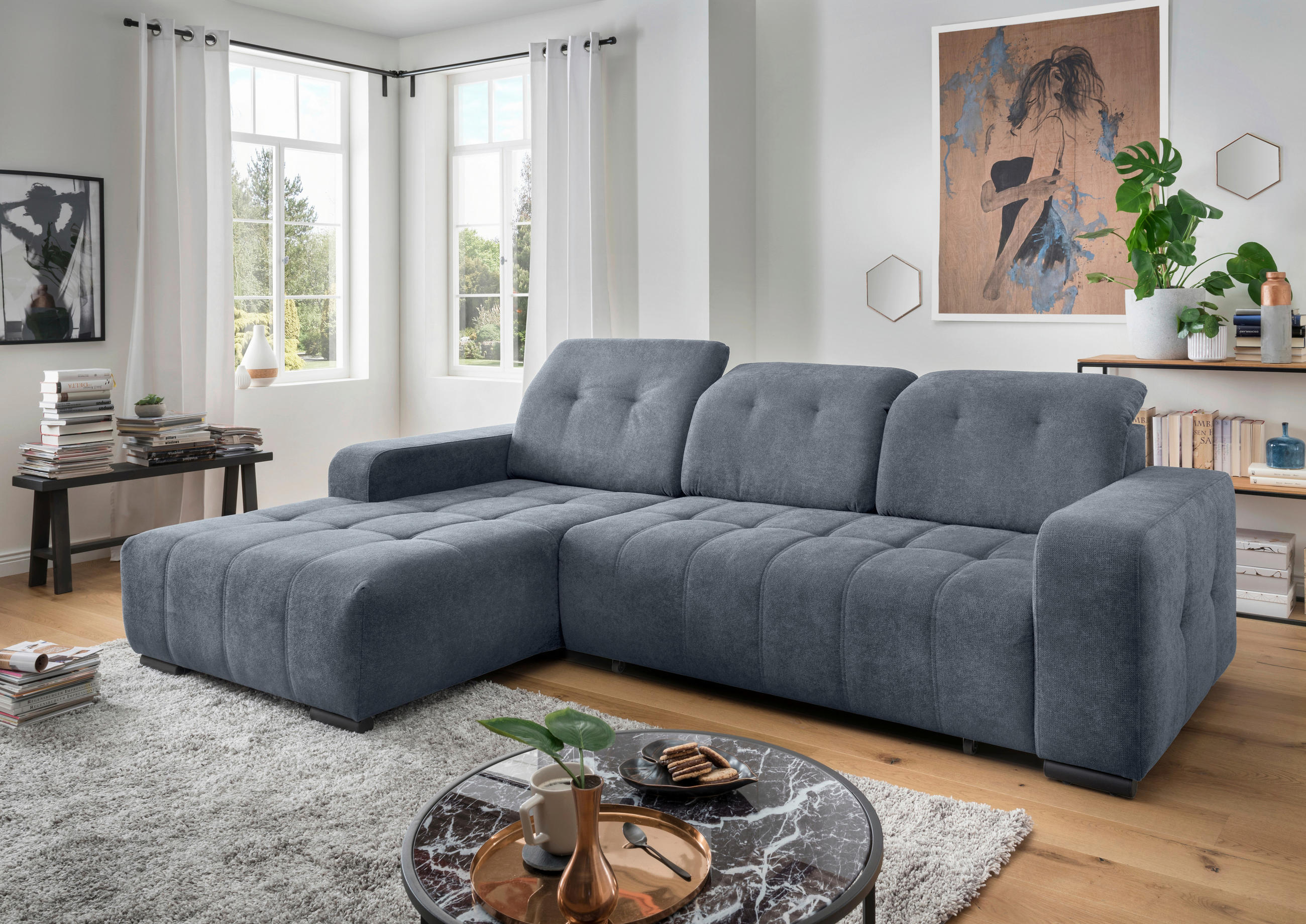 ECKSOFA VICARI Blau Mikrofaser Kopfteilverstellung, Sitzvorzug  - Blau/Schwarz, MODERN, Textil/Metall (185/292cm) - Livetastic