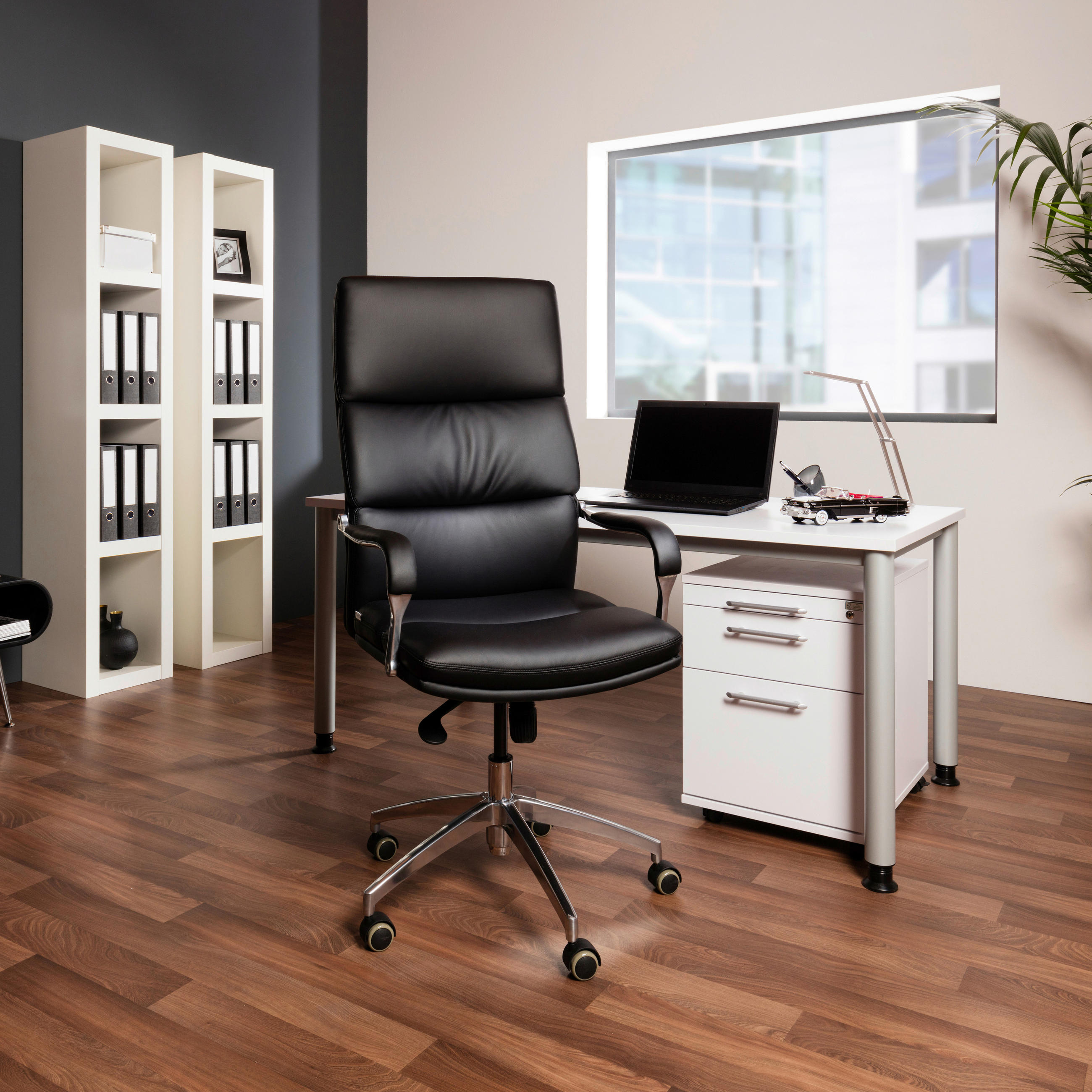 CHEFSESSEL Lederlook Schwarz, Silberfarben  - Silberfarben/Schwarz, MODERN, Kunststoff/Textil (61/134/49cm) - MID.YOU