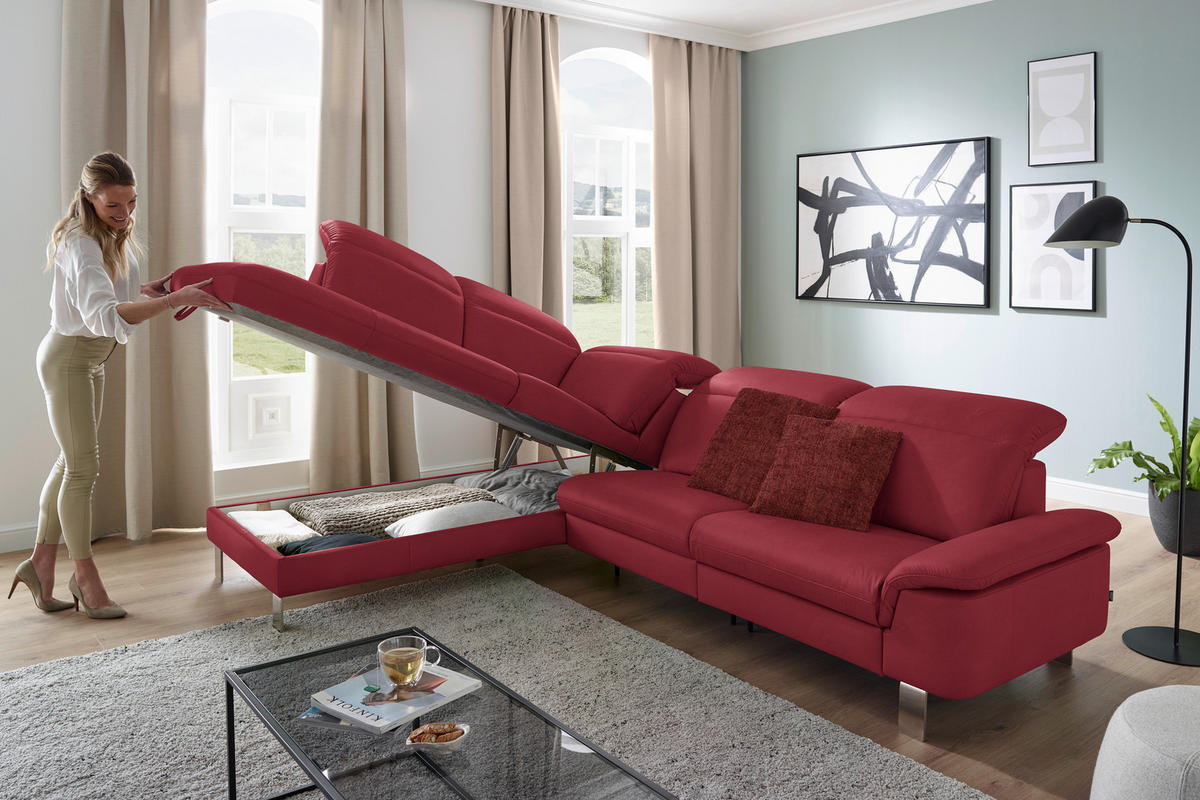 ECKSOFA in Echtleder Rot  233/309 cm  - Edelstahlfarben/Rot, Design, Leder/Metall (233/309cm) - Dieter Knoll