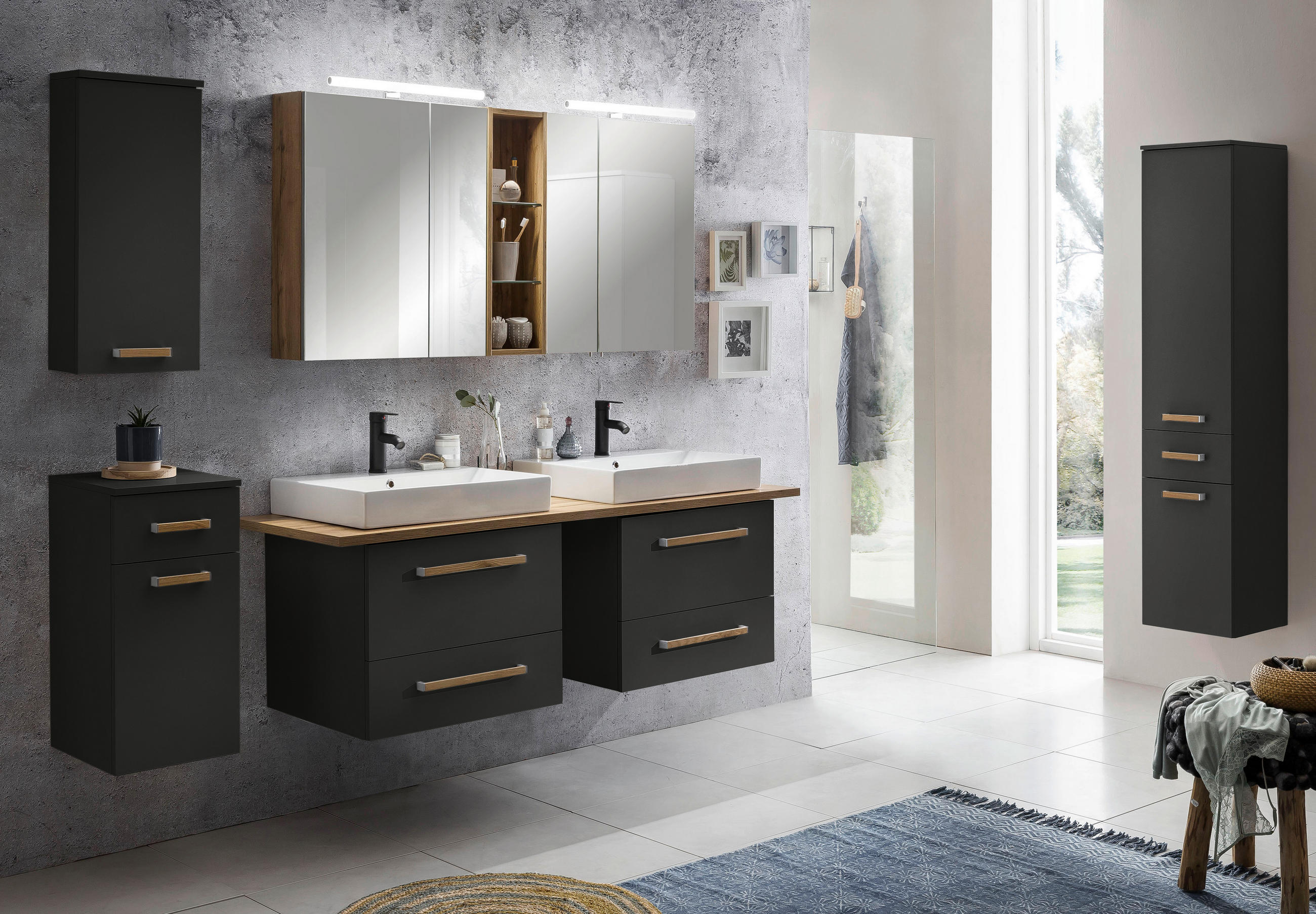 BADEZIMMER  in 165,2 cm  - Eichefarben/Anthrazit, KONVENTIONELL, Glas/Keramik (165,2cm) - Stylife