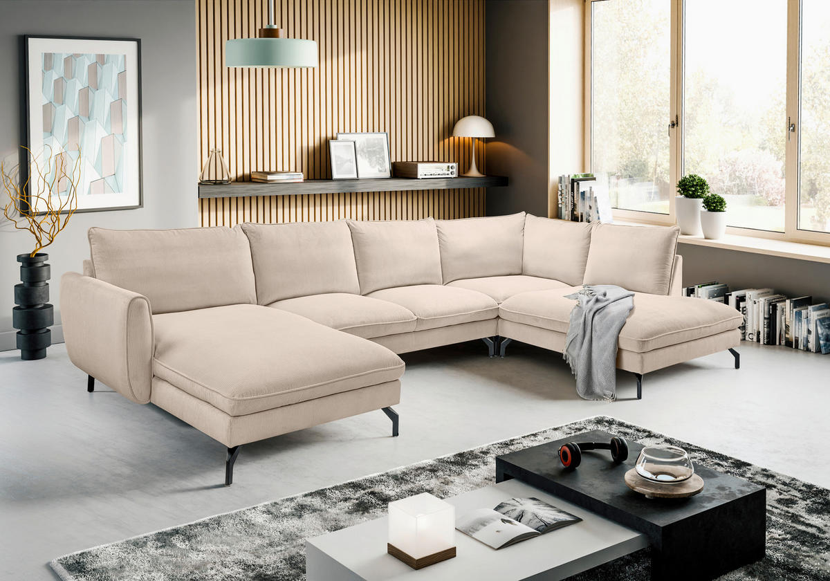 ECKSOFA TORONTO Beige Cord  - Beige/Schwarz, Basics, Textil/Metall (202cm) - MID.YOU