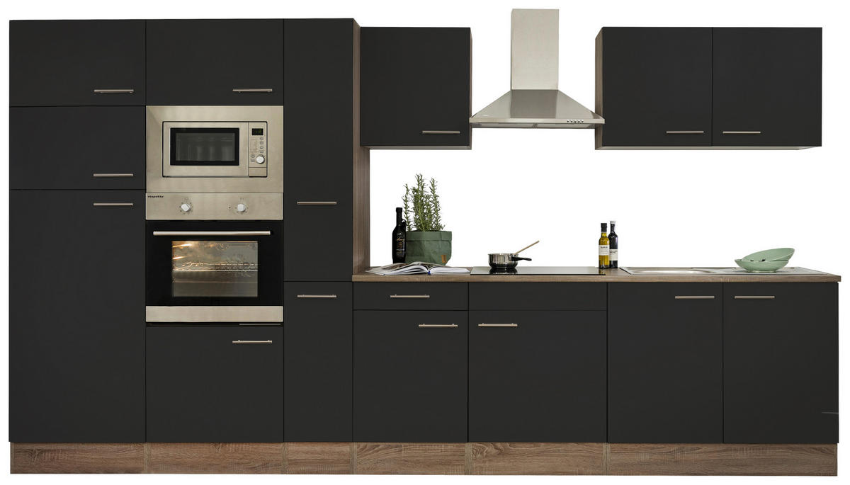 KÜCHENBLOCK 360 cm   in Schwarz, Eichefarben  - Eichefarben/Schwarz, MODERN, Holzwerkstoff (360cm) - Respekta