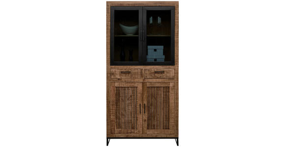 VITRINE in massiv Mangoholz Naturfarben, Hellbraun - Hellbraun/Schwarz, Design, Glas/Holz (90/180/40cm) - Carryhome