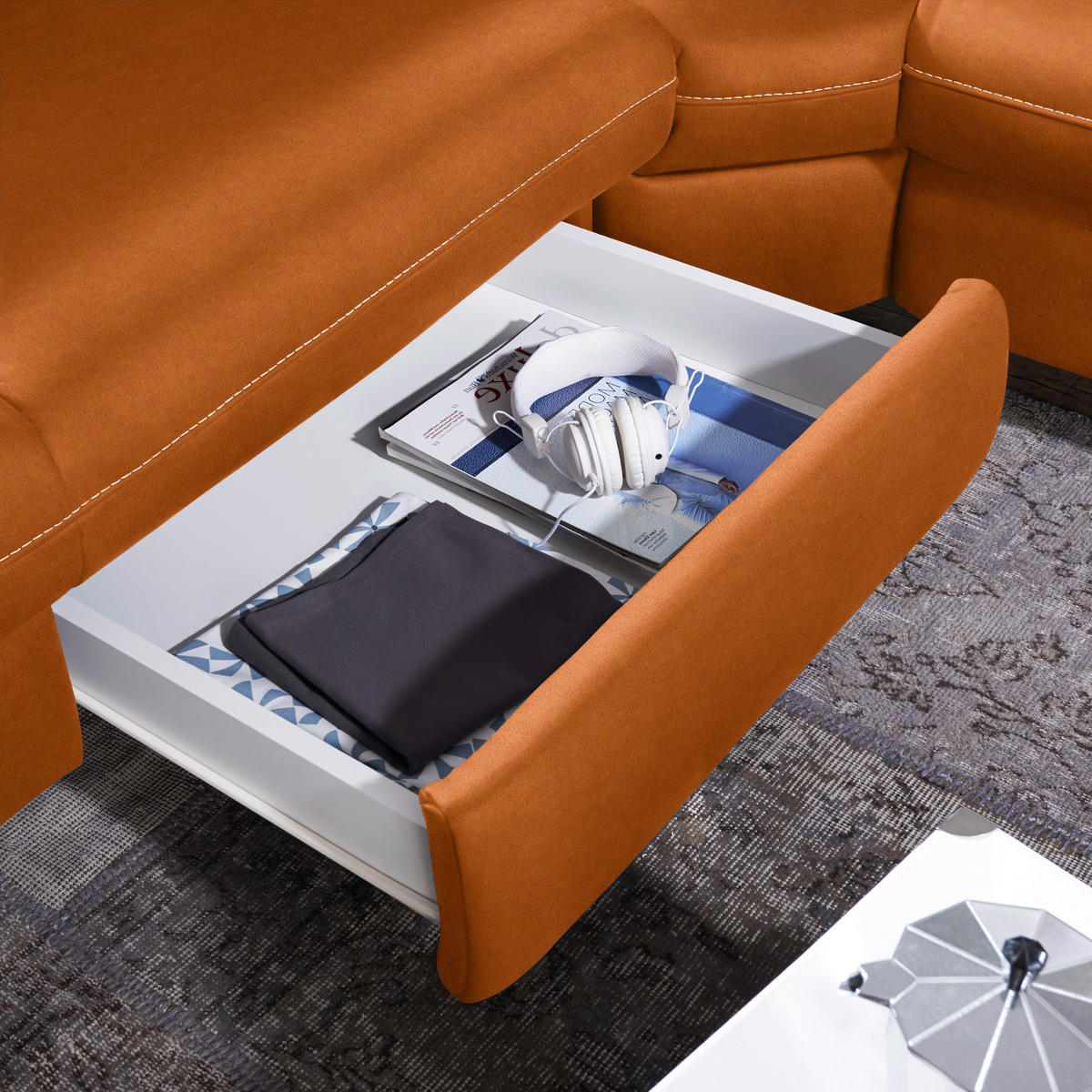 ECKSOFA in Flachgewebe, Mikrofaser Terracotta  - Beige/Terracotta, Design, Textil/Metall (239/271cm) - Cantus