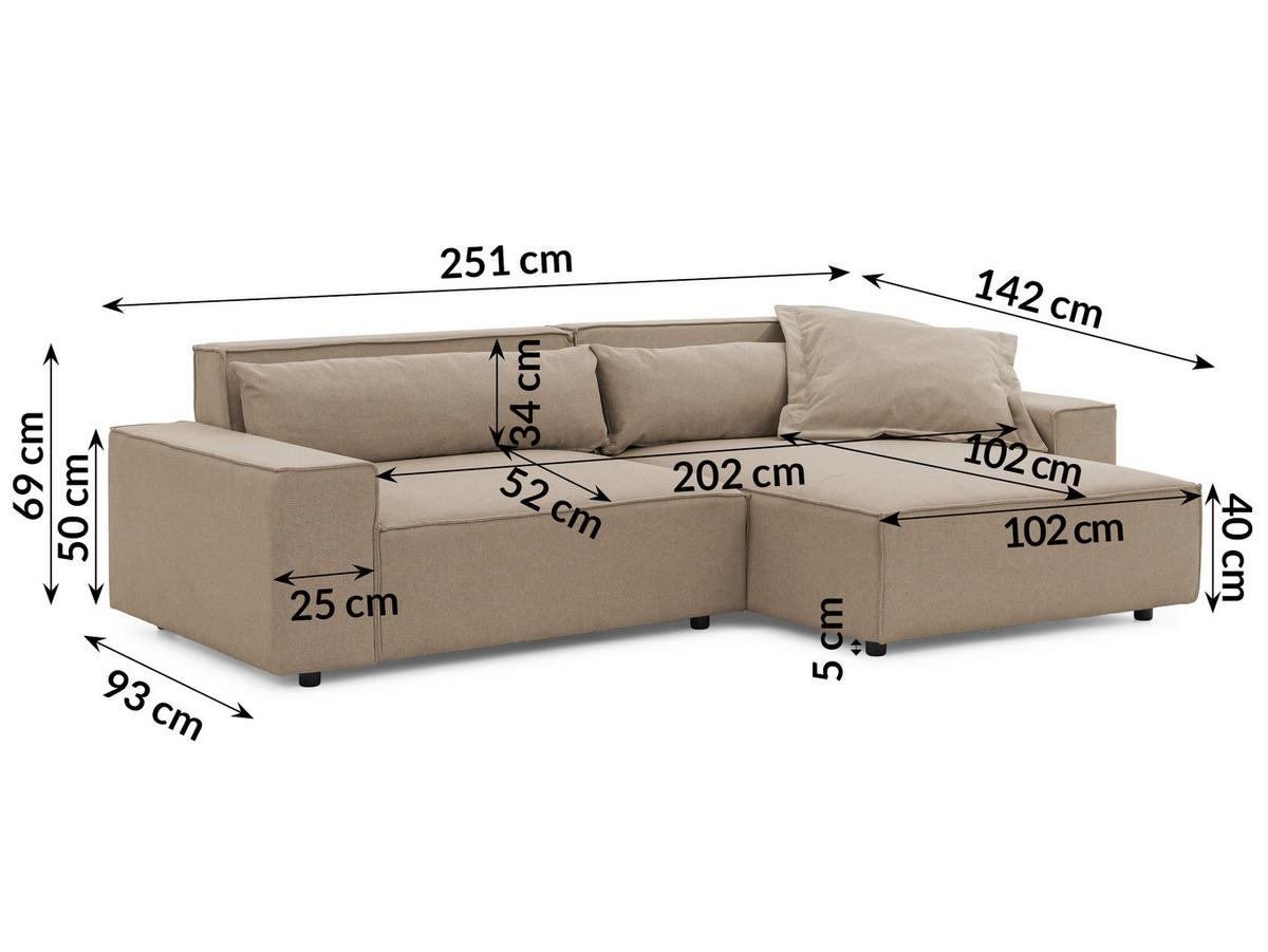 ECKSOFA Curduroy in Webstoff Hellbraun Rückenkissen  251/142 cm  - Hellbraun/Schwarz, Design, Kunststoff/Textil (251/142cm) - P & B