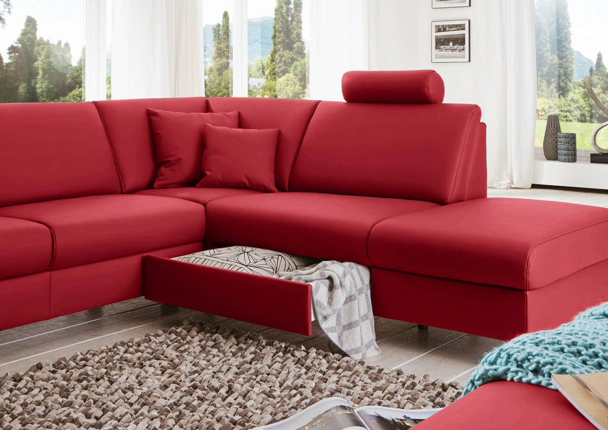 WOHNLANDSCHAFT in Echtleder Rot  - Rot/Alufarben, Design, Leder/Metall (165/339/233cm) - Beldomo Premium