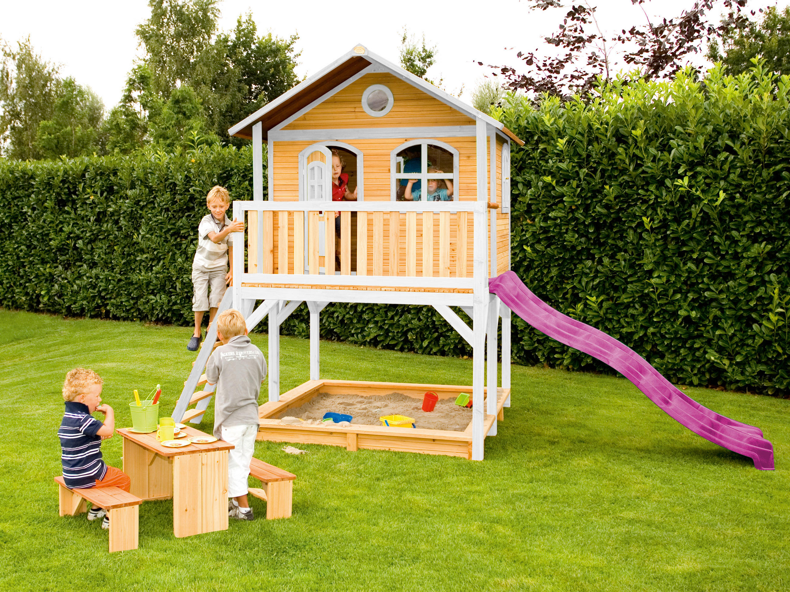 SPIELHAUS 432/293/212 cm  - Lila/Braun, KONVENTIONELL, Holz (432/293/212cm) - Ambia Garden