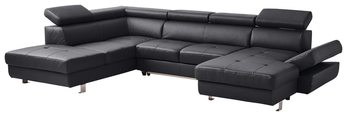 WOHNLANDSCHAFT in Kombination Echtleder/Lederlook Schwarz  - Chromfarben/Schwarz, Design, Leder/Textil (212/334/157cm) - Stylife