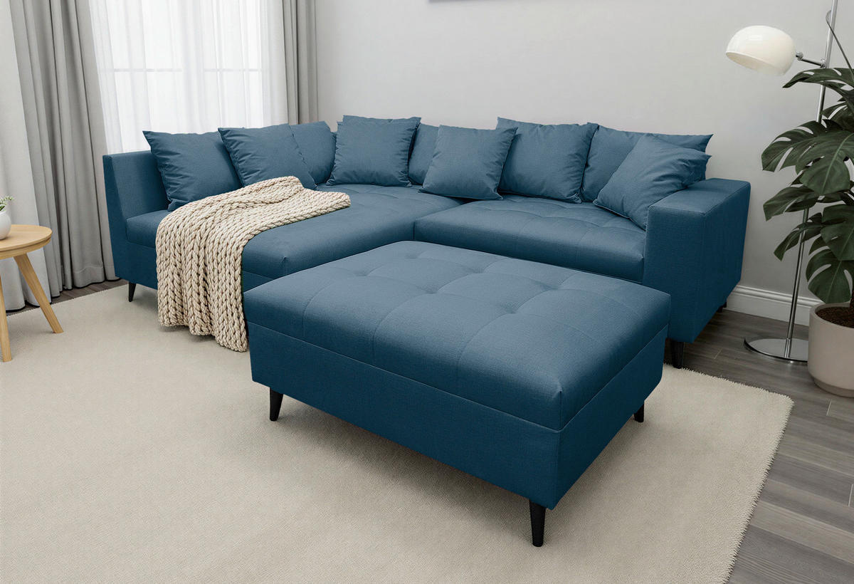 Ecksofa inkl. Hocker  in Mikrofaser Dunkelblau  174/247 cm  - Schwarz/Dunkelblau, Design, Holz/Textil (174/247cm) - MID.YOU