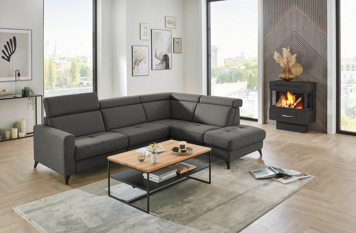 ECKSOFA Flachgewebe Anthrazit  - Anthrazit/Schwarz, Konventionell, Textil/Metall (276/214cm) - Beldomo System