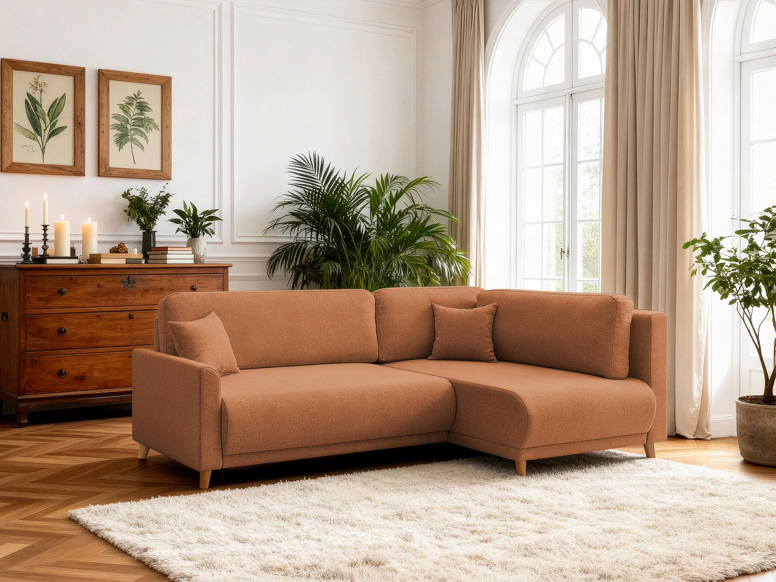 ECKSOFA MILOS Rostfarben Flachgewebe, Struktur Rückenkissen, Bettkasten, Schlaffunktion, Rücken echt  - Rostfarben/Naturfarben, Design, Textil (224/148cm) - P & B