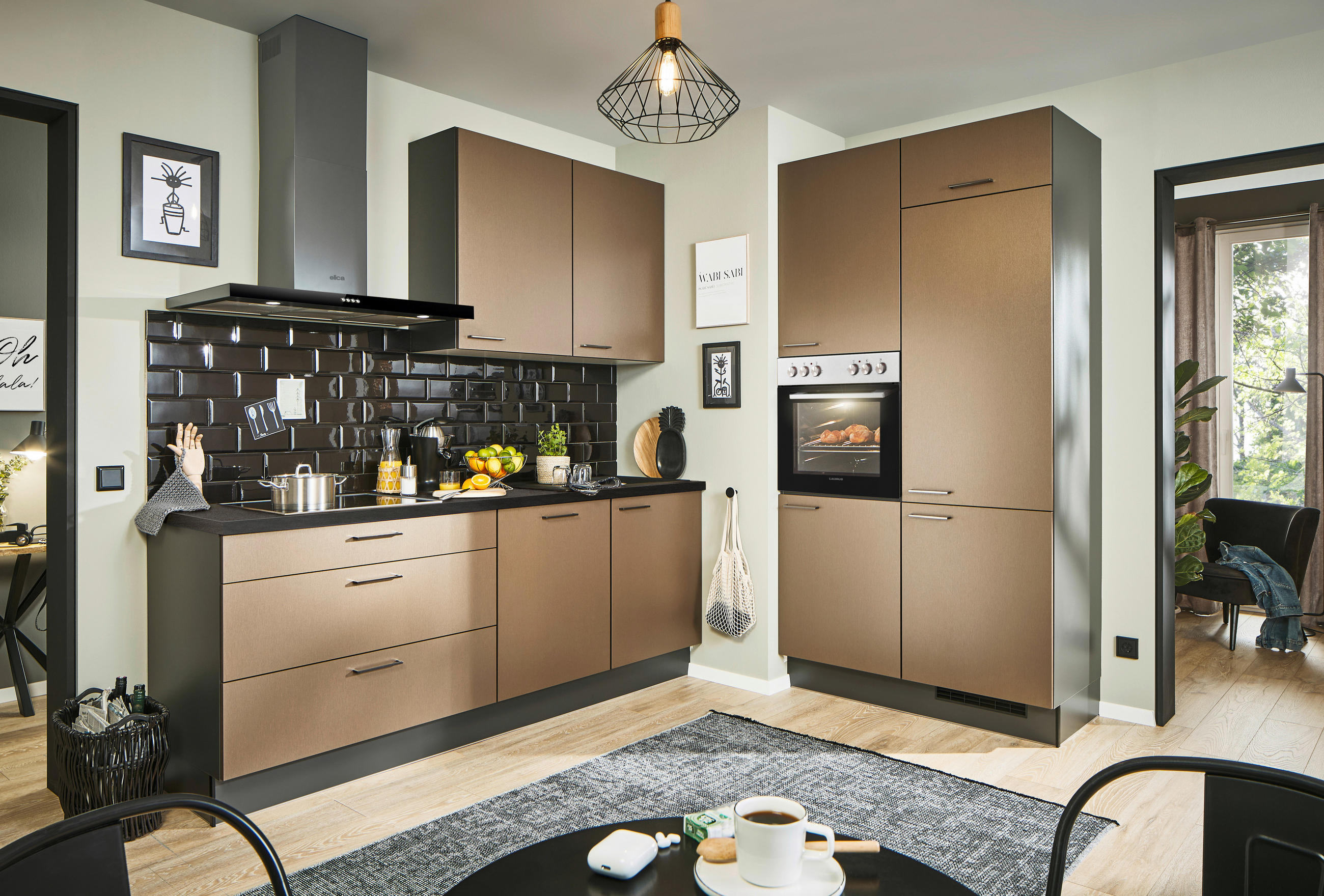 ECKKÜCHE 220/120 cm  in Graphitfarben, Schwarz, Bronzefarben  - Schwarz/Graphitfarben, Design, Holzwerkstoff/Metall (220/120cm) - Xora