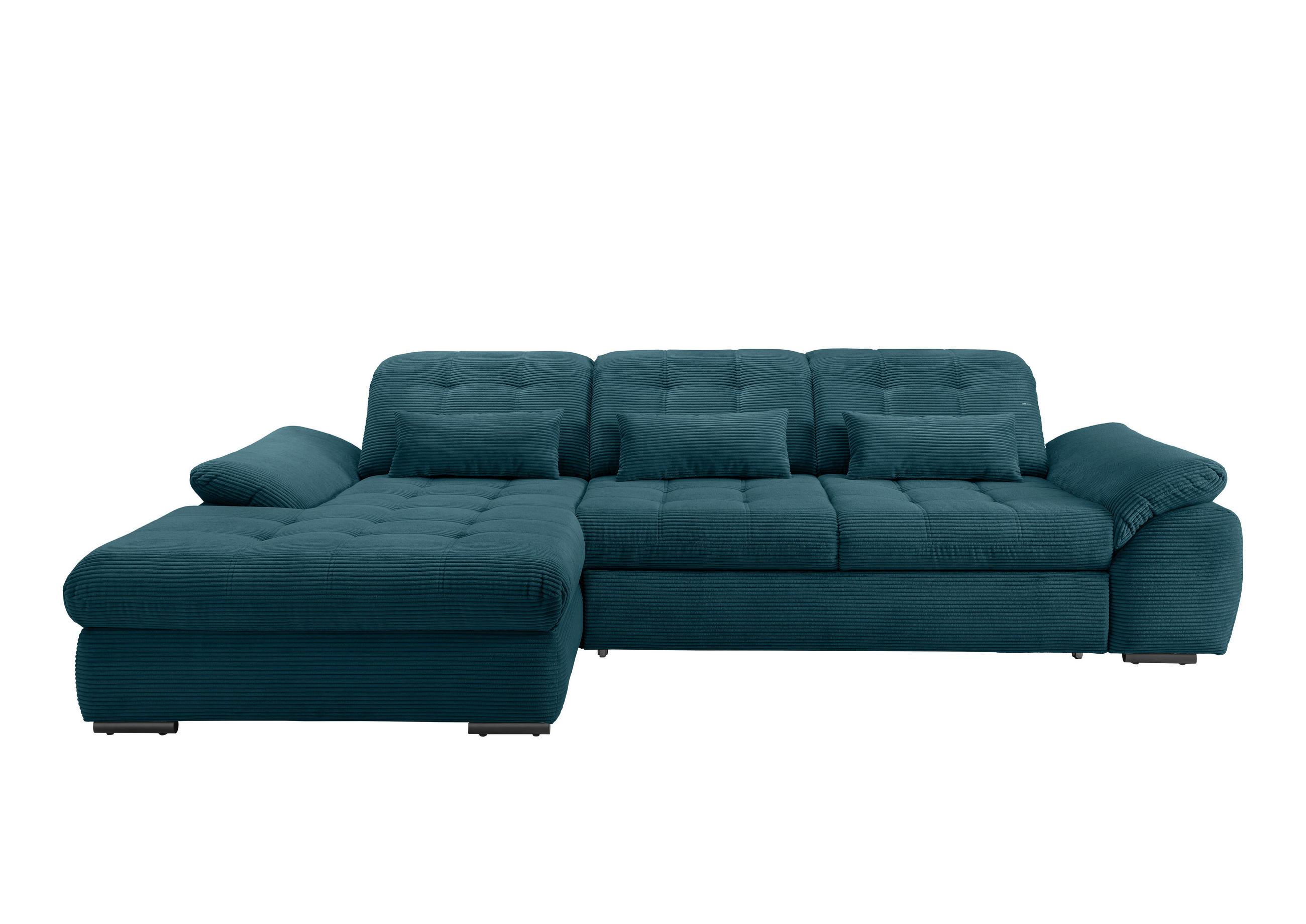 ECKSOFA Petrol Cord Nierenkissen, Bettkasten, Schlaffunktion, Rücken echt, Kopfteilverstellung, Sitztiefenverstellung, Liegefläche im Originalstoff  - Petrol/Schwarz, MODERN, Textil/Metall (184/314cm) - P & B