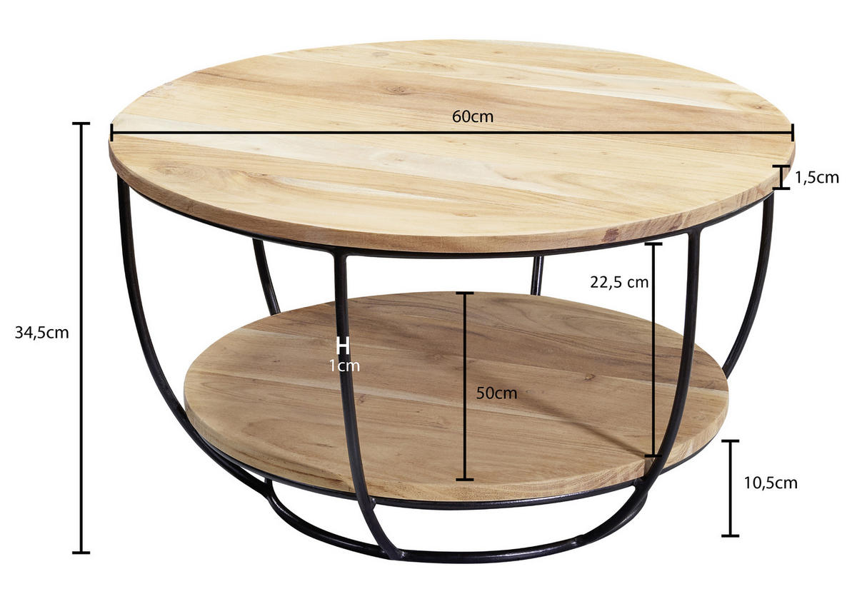 DOHÁNYZÓASZTAL fa 60/60/34,5 cm   - akácia színű/fekete, Modern, fa/fém (60/60/34,5cm) - MID.YOU