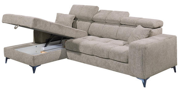 ECKSOFA Graubraun Chenille Zierkissen, Bettkasten, Rücken echt, Kopfteilverstellung, Sitztiefenverstellung  - Graubraun/Schwarz, KONVENTIONELL, Kunststoff/Textil (172/268cm) - Carryhome