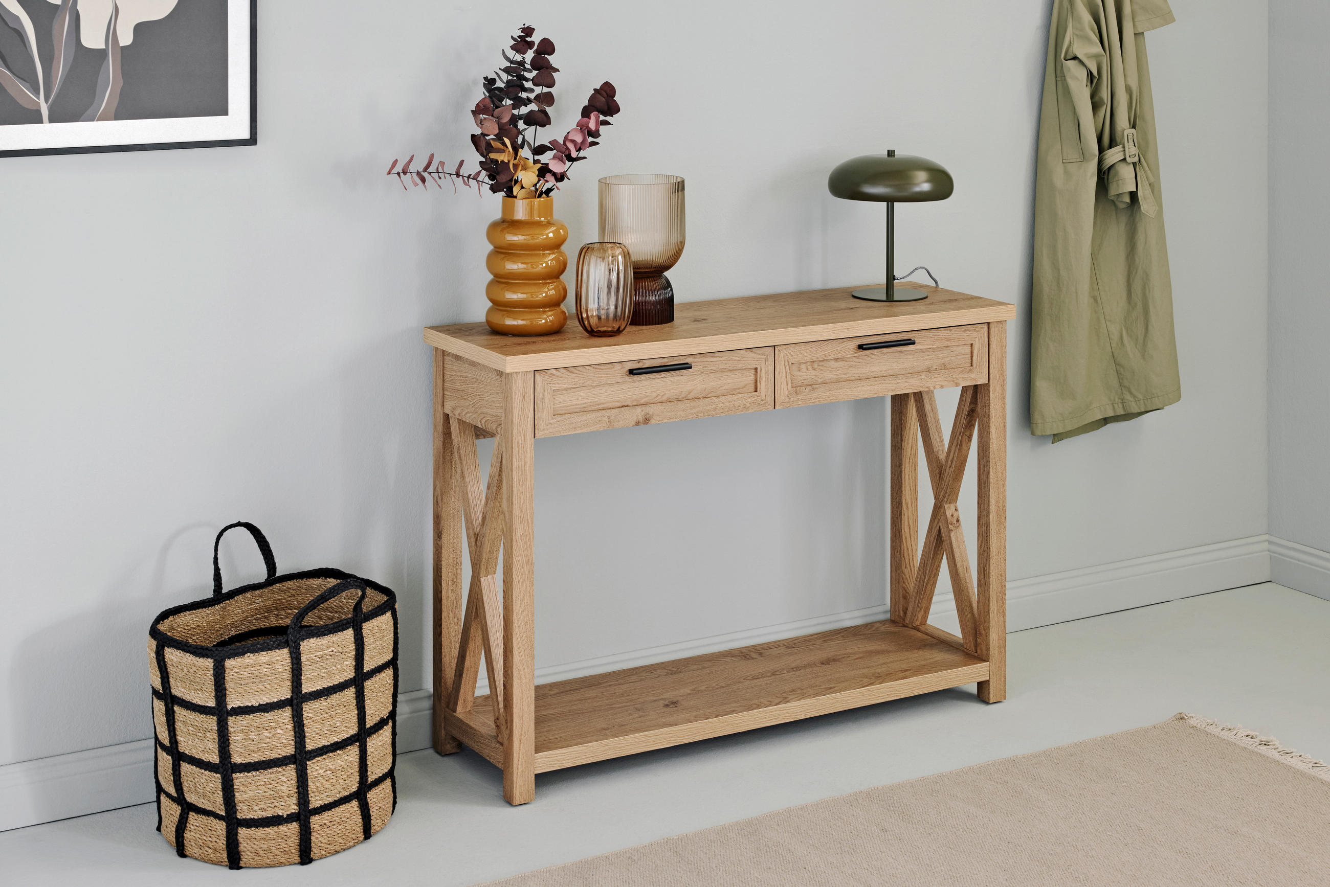 KONSOLENTISCH Eichefarben - Eichefarben/Schwarz, LIFESTYLE, Holzwerkstoff/Metall (110/34/77cm)