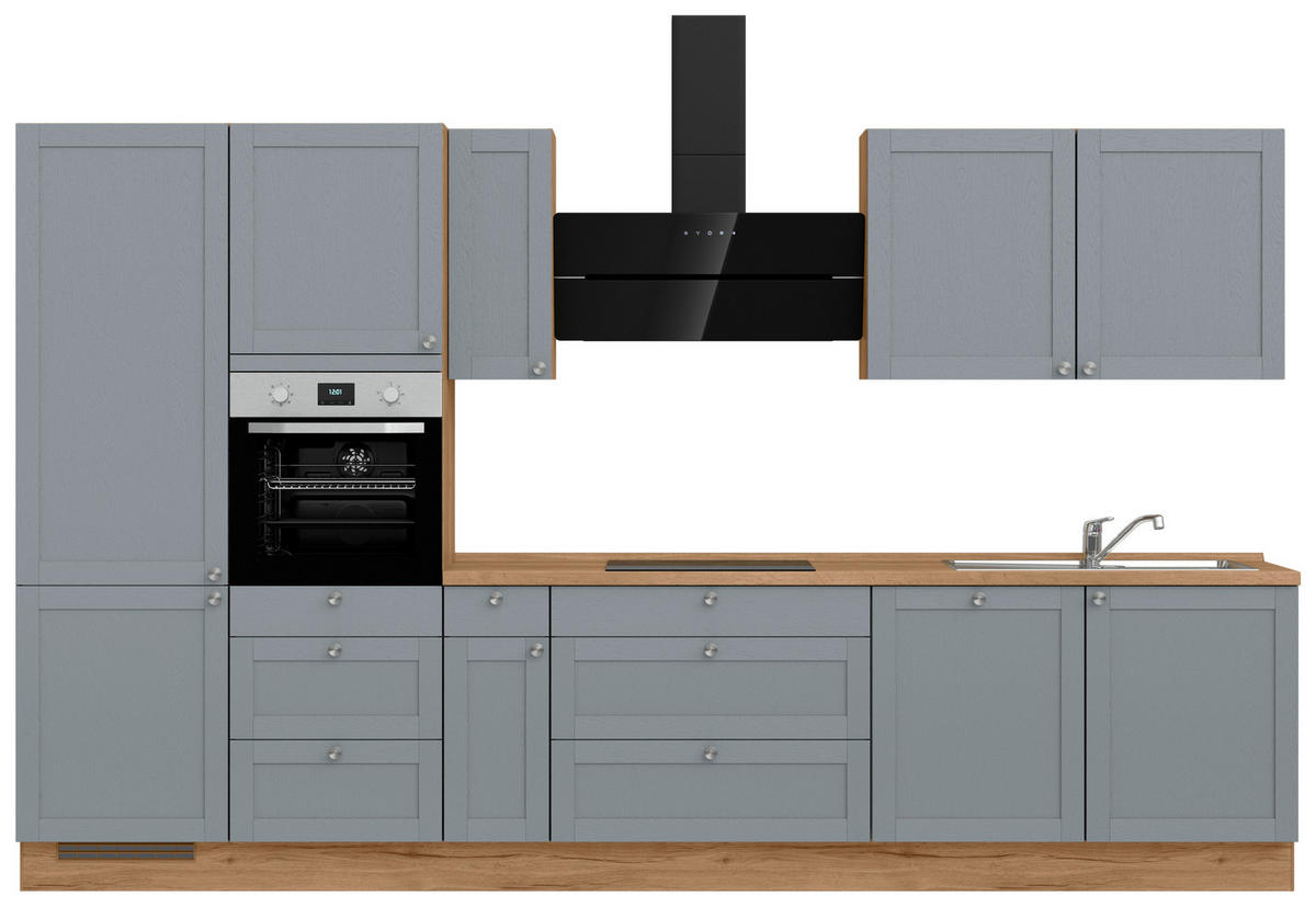 KÜCHENBLOCK Frame 360 cm  in Eichefarben, Blaugrau  - Edelstahlfarben/Eichefarben, MODERN, Holzwerkstoff/Metall (360cm) - Nobilia