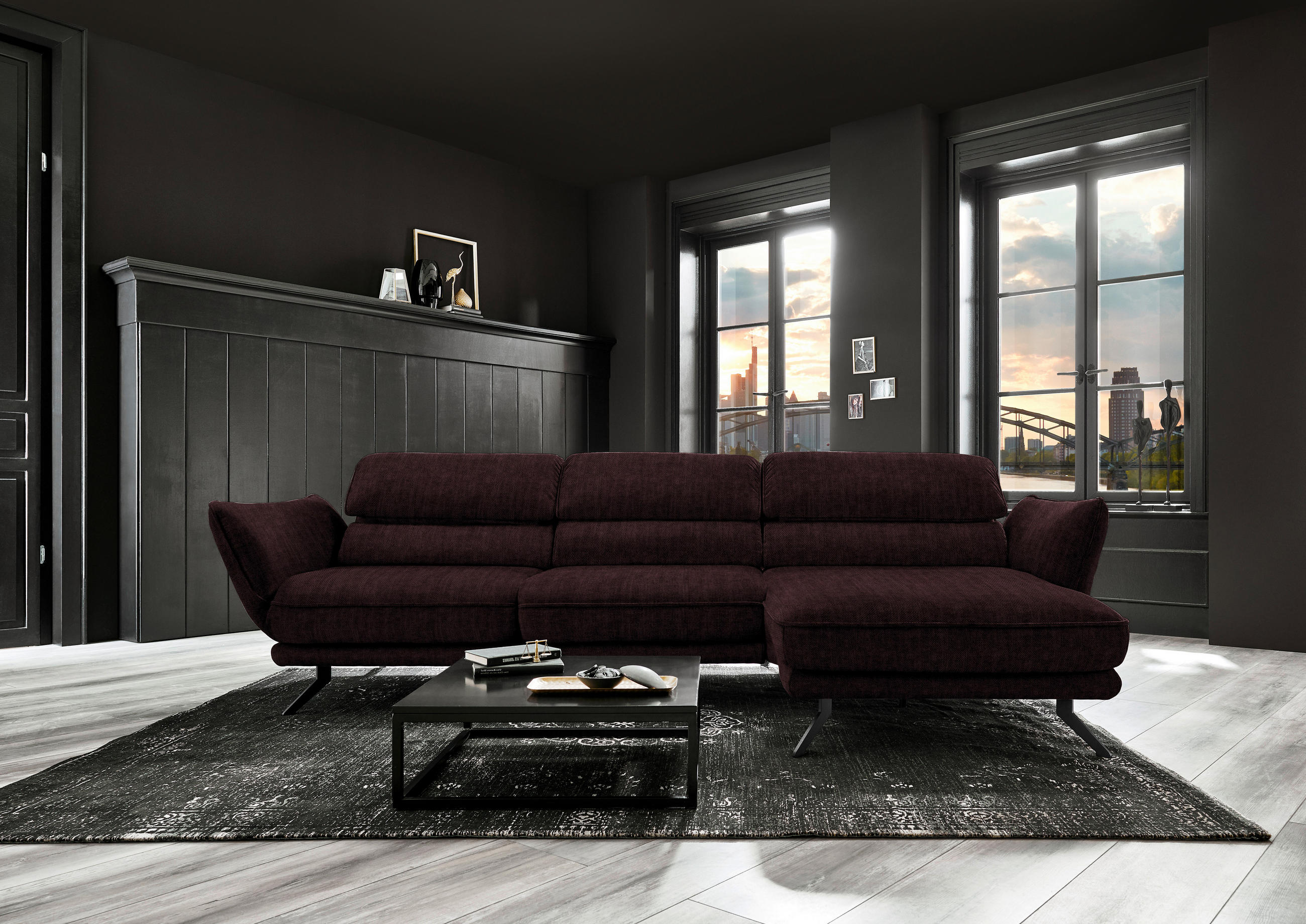 ECKSOFA in Velours Dunkelbraun  - Dunkelbraun/Schwarz, Design, Textil/Metall (283/153cm) - Valdera