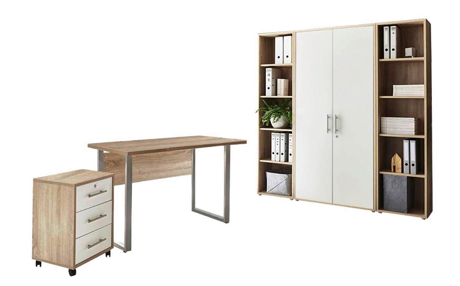 BÜRO erweiterbar, abschließbar Weiß, Sonoma Eiche - Weiß/Sonoma Eiche, MODERN, Holzwerkstoff/Metall - MID.YOU