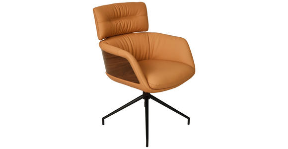 ARMLEHNSTUHL  Lederauswahl, Wippfunktion, Sitzfläche 360° drehbar, automatische Rückholfunktion  Echtleder  - Cognac/Walnussfarben, Design, Leder/Holz (62/92/66cm) - Dieter Knoll