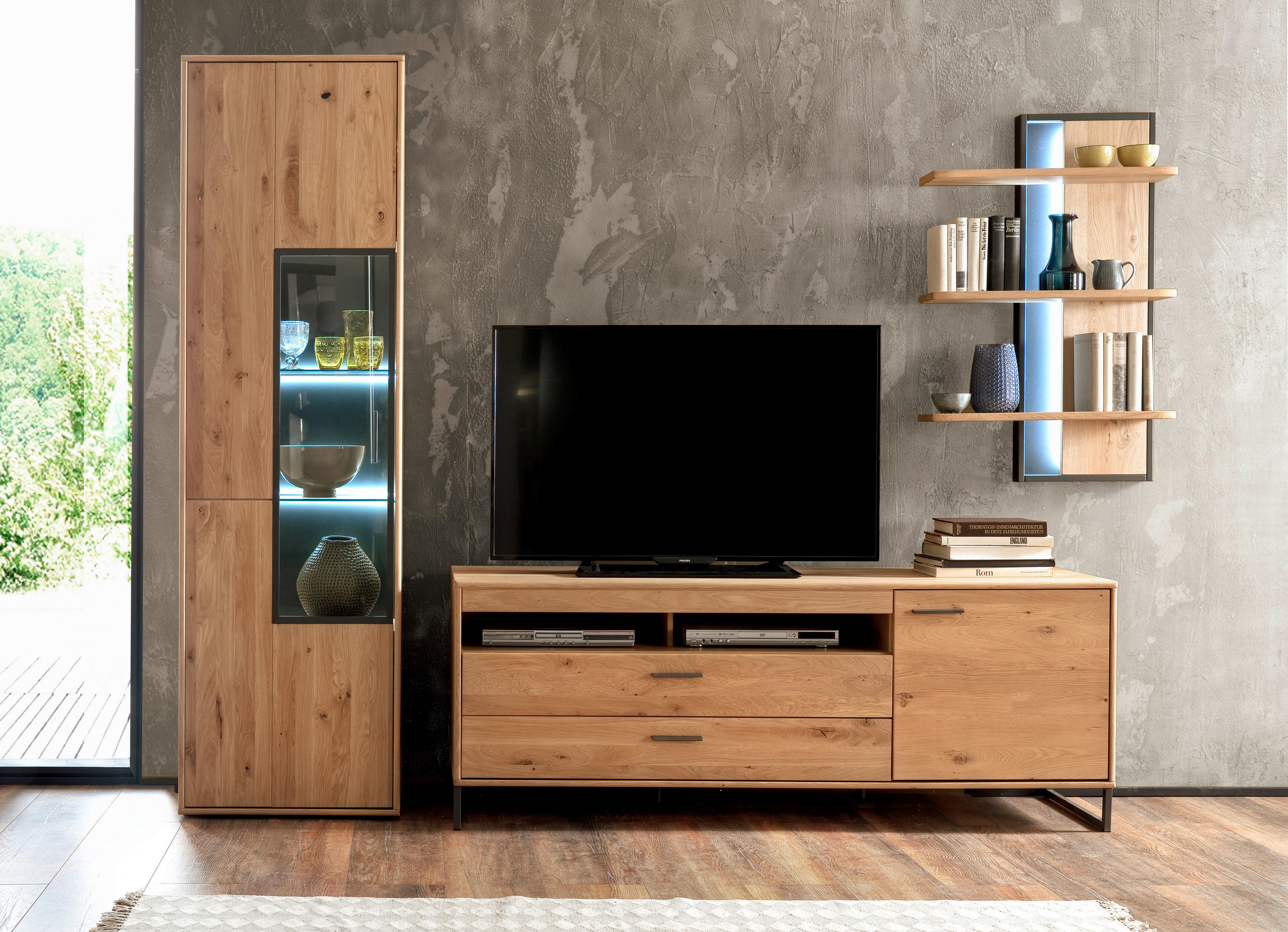 WOHNWAND in Eichefarben 298/207/50 cm - Eichefarben/Schwarz, Design, Glas/Holz (298/207/50cm) - Livetastic